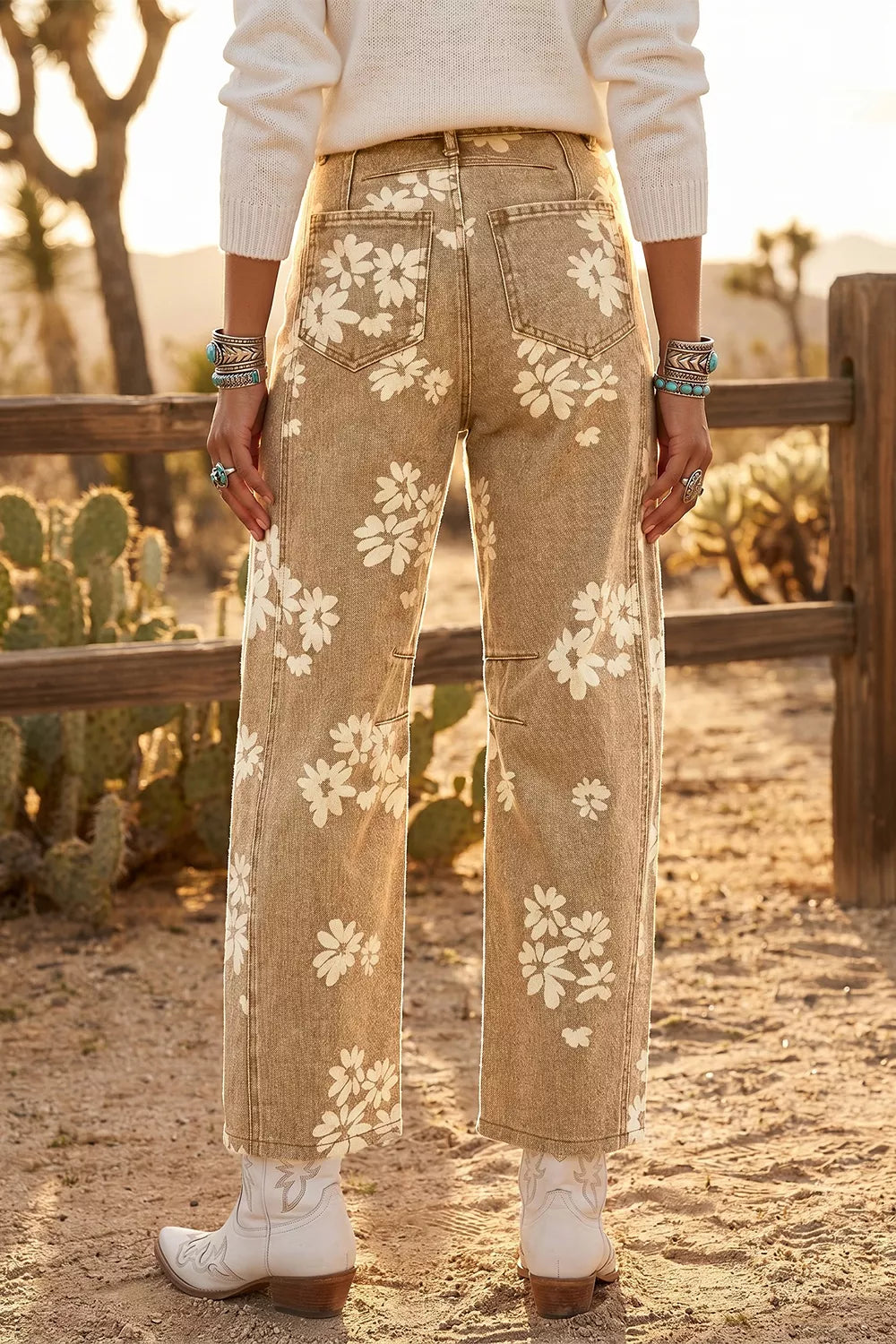 Trendsi Floral Print Metal Button Pleated Straight Leg Jeans -