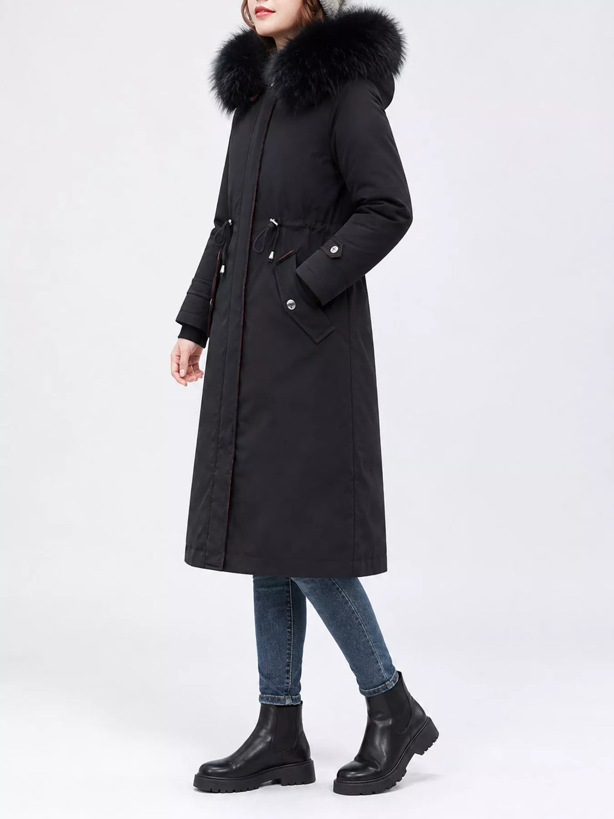 Faux-fur-trim parka, black side