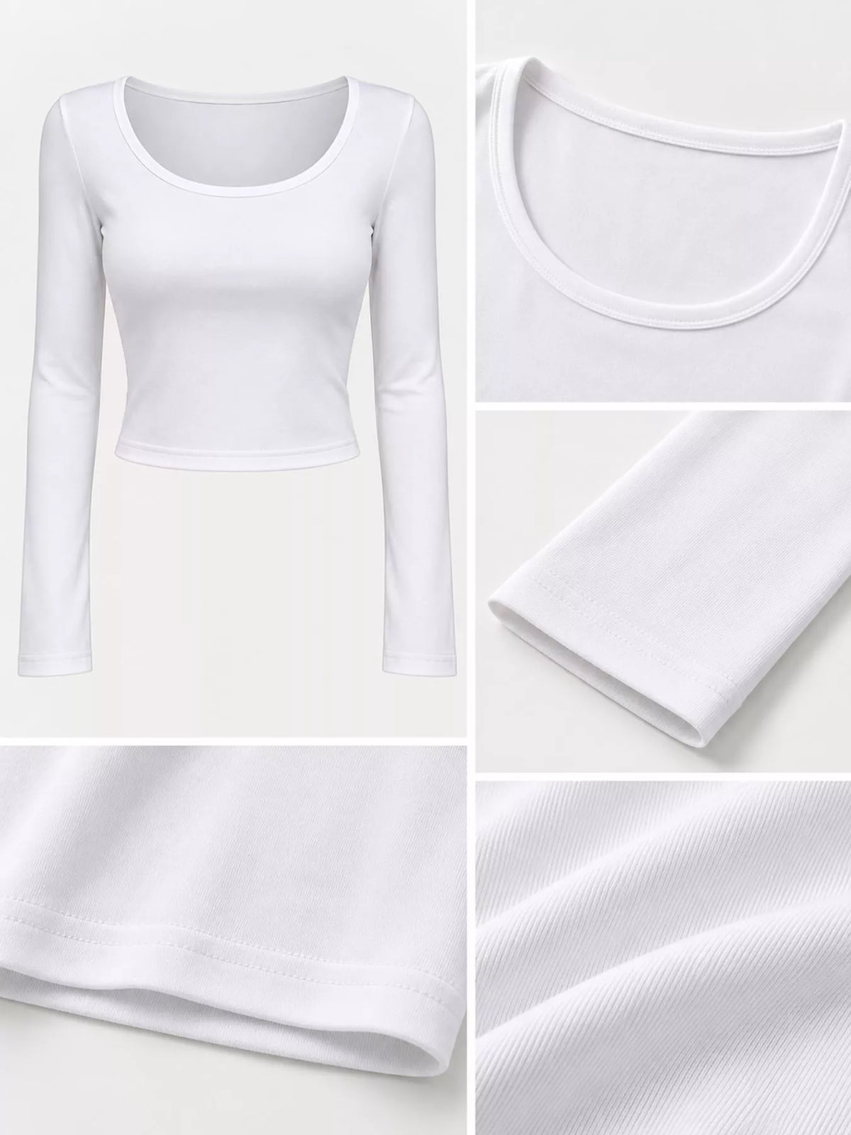 White u-neck cropped t-shirt, scoop neckline, sleeve, hem, and fabric close-ups