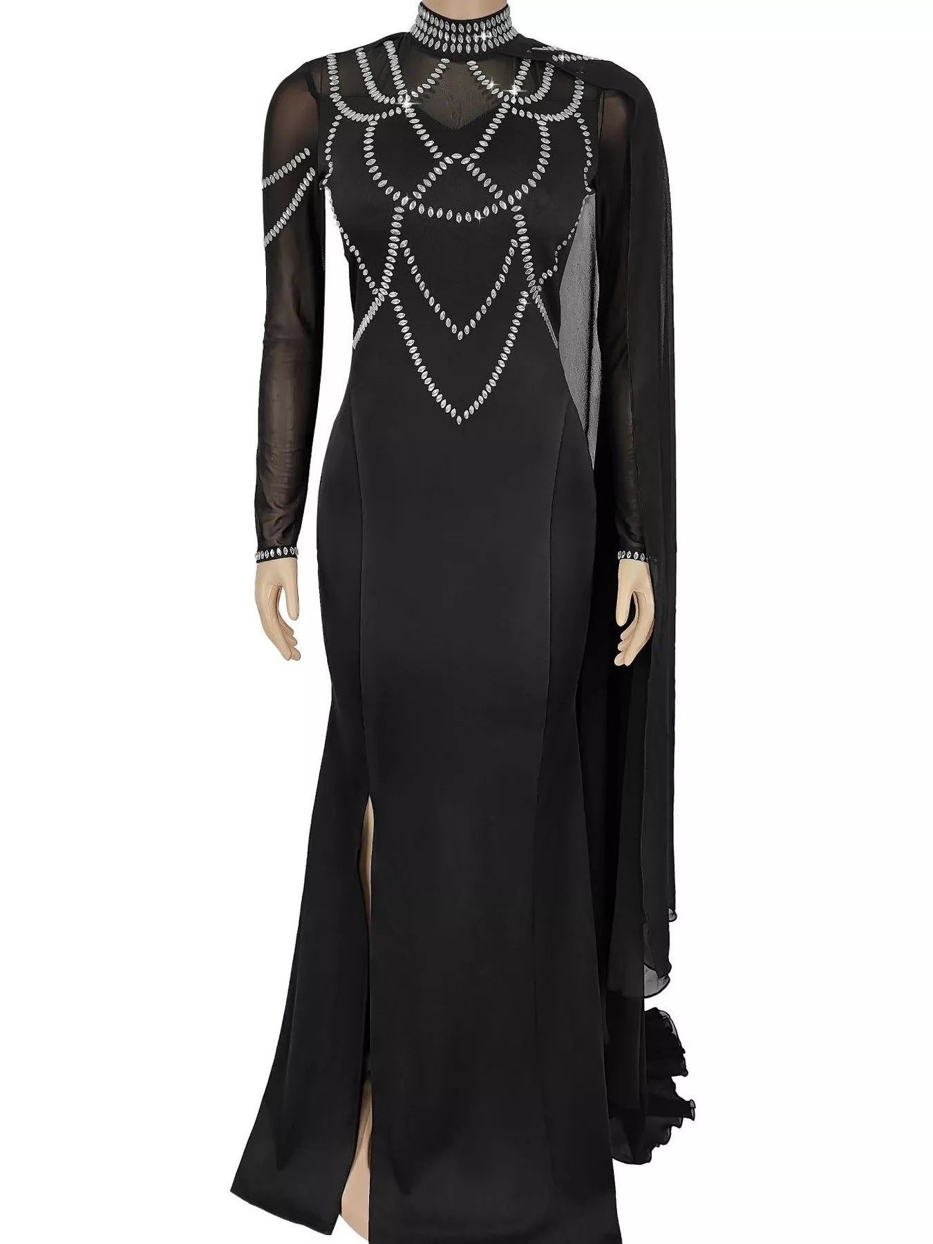Trendsi Rhinestone Slit Maxi Dress with Sheer Cape Sleeves -