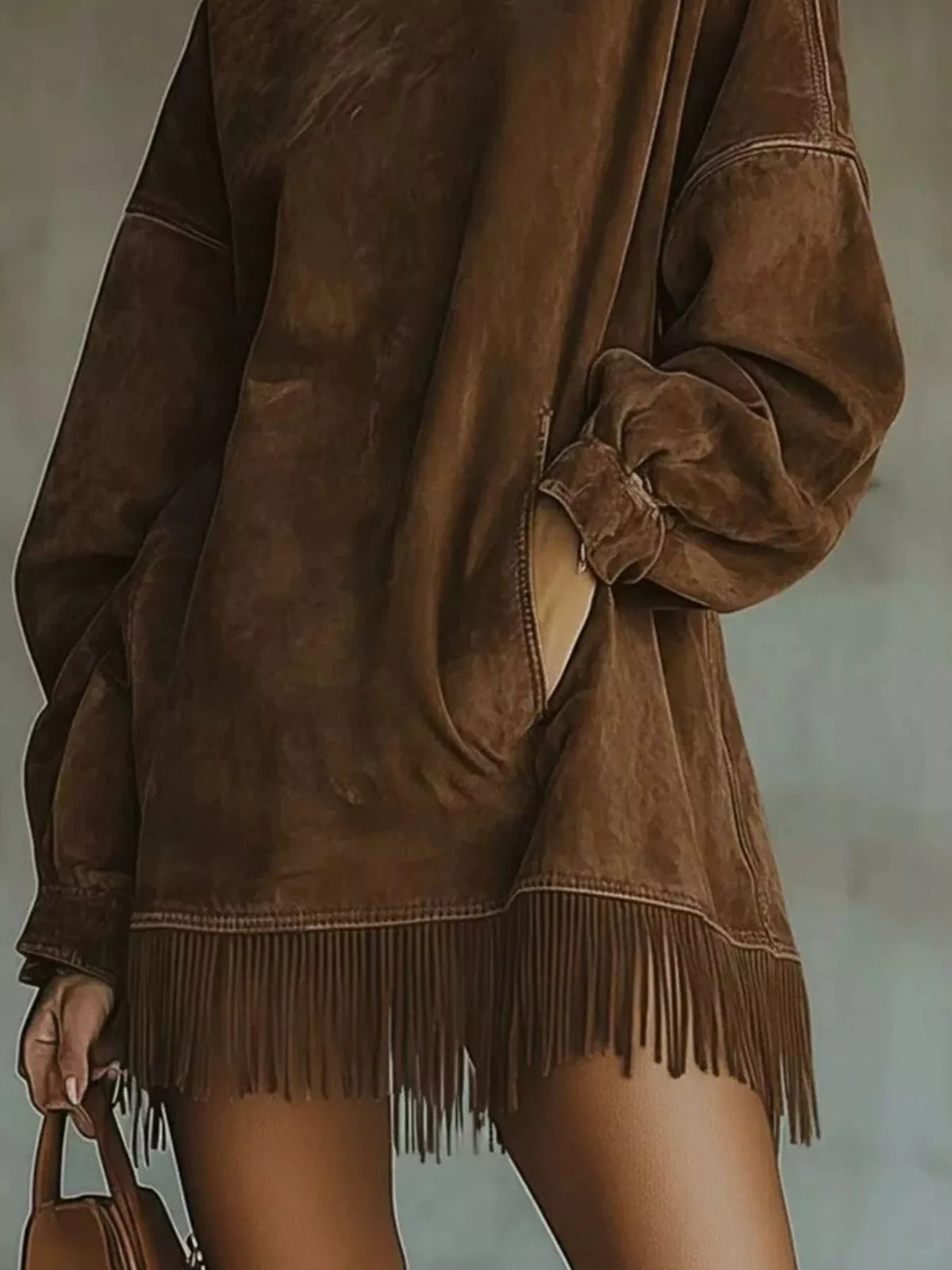 Trendsi Full Size Mock Neck Fringed Hem Long Sleeve Mini Dress Plus Size -