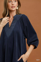 Trendsi Umgee Corduroy V-Neck Puff Sleeve Shift Dress with Pockets - Dresses