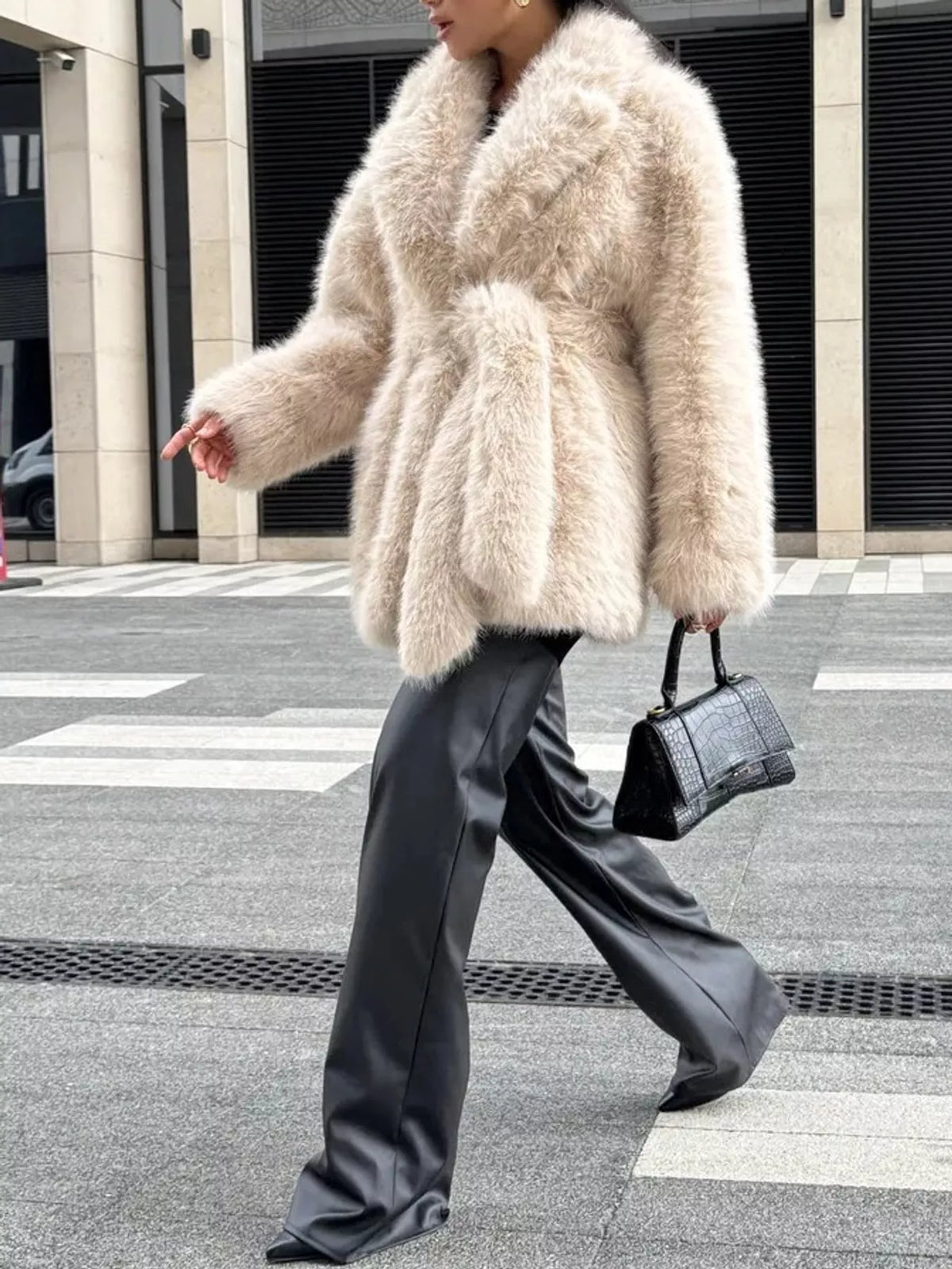 Faux Fur Belted Coat in cream