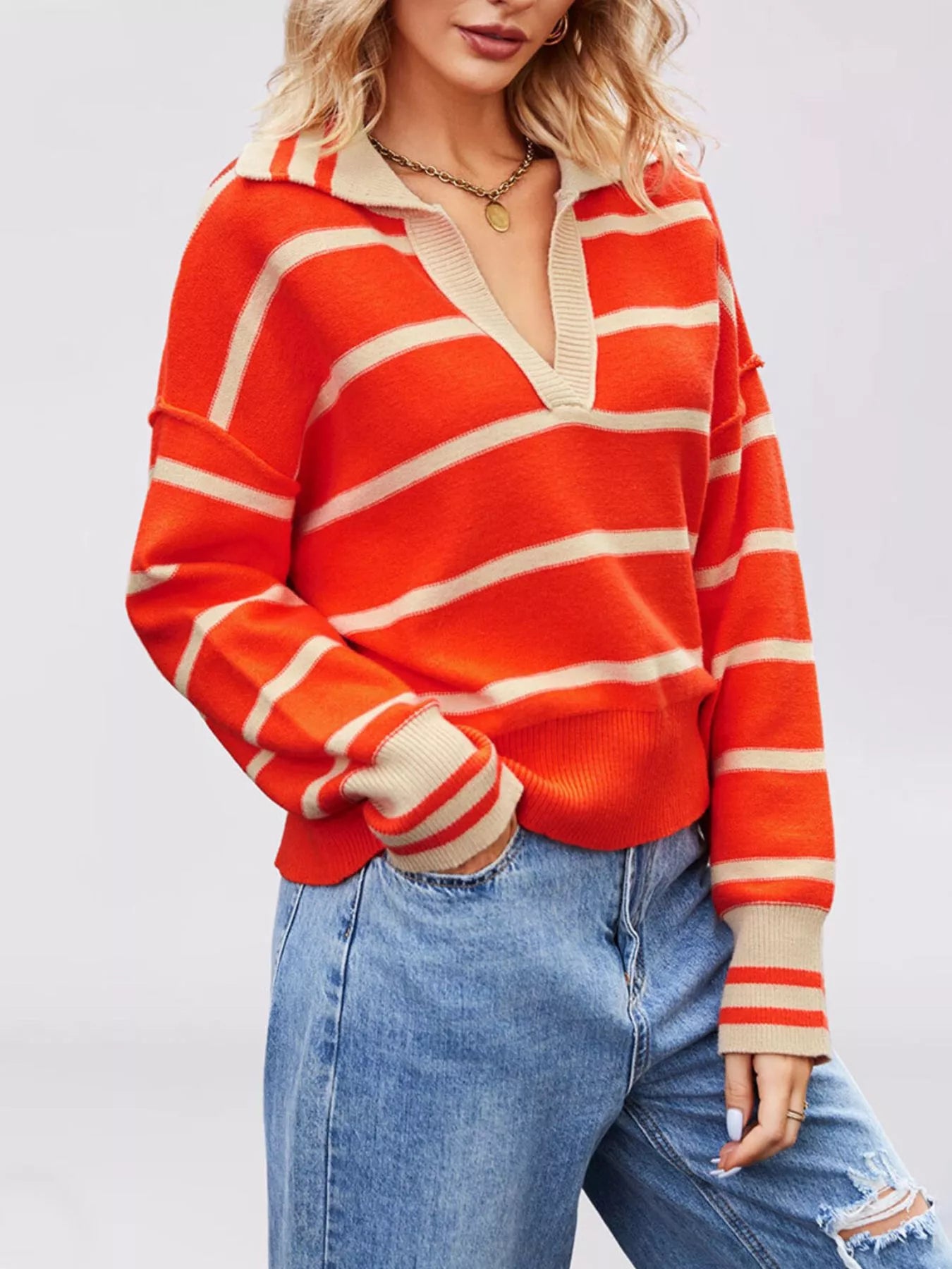 Trendsi Striped Johnny Collar Dropped Shoulder Sweater -