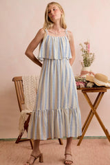 Trendsi SO ME Stripe Tiered Shoulder Tie Midi Lined Dress -