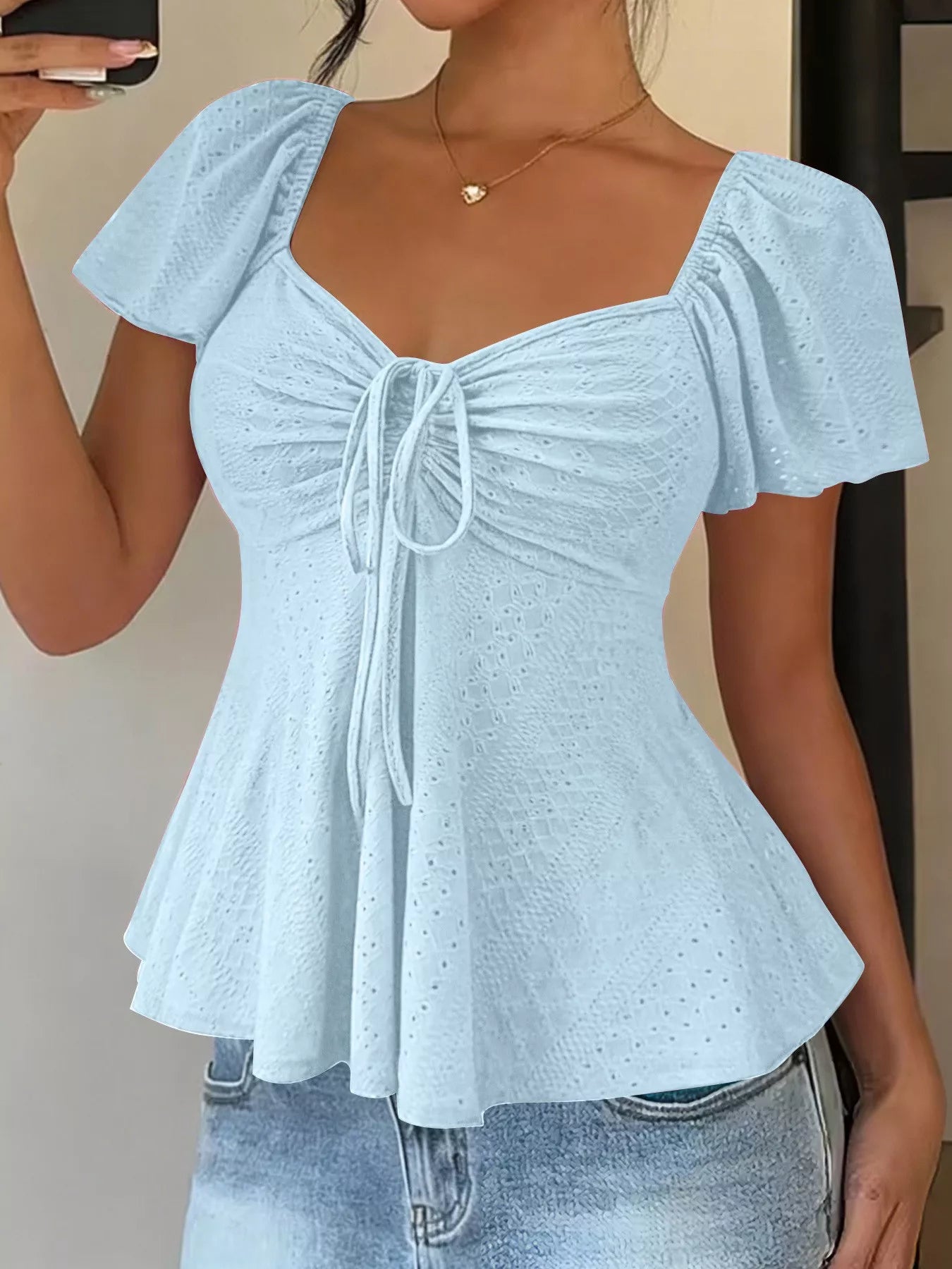 Trendsi Ruched Flutter Sleeve Peplum Top -