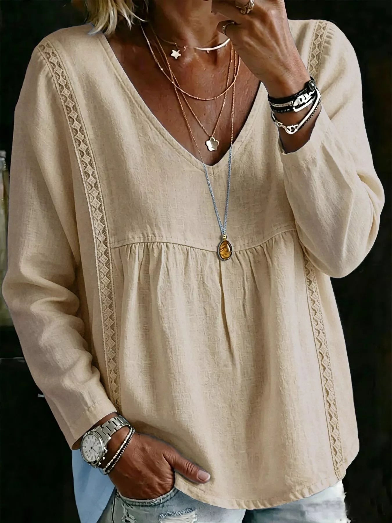 Trendsi Full Size V-Neck Lace Trimmed Long Sleeve Blouse Plus Size -