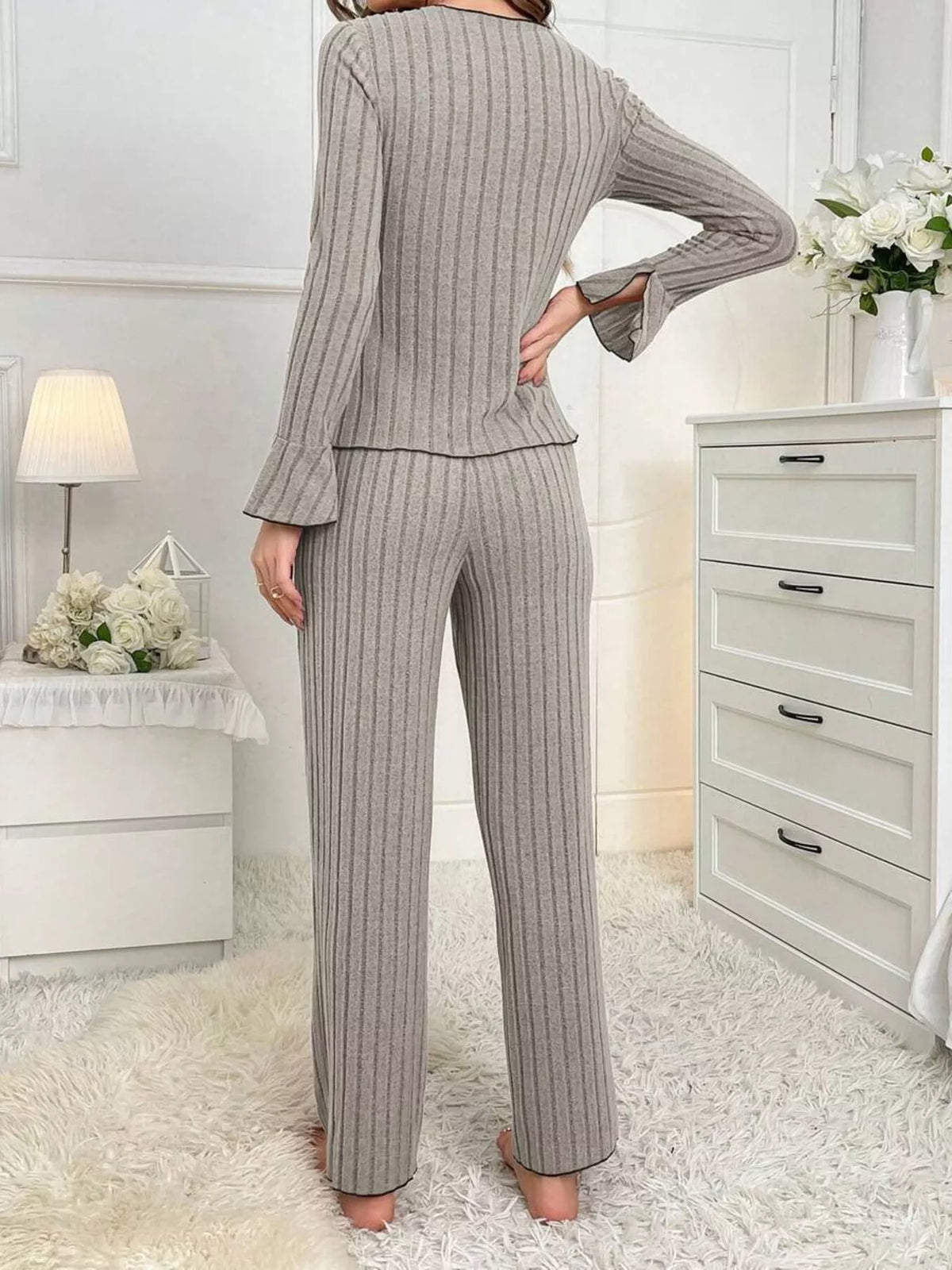 Women's Contrast Bow Detail Top and Pants Lounge Set in Gray, back view