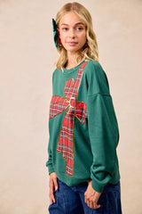 Trendsi BiBi Plaid Ribbon Bow Detail Christmas Fleece Pullover -