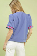 Trendsi Umgee Puff Sleeve Button Front Top with Contrast Trim -