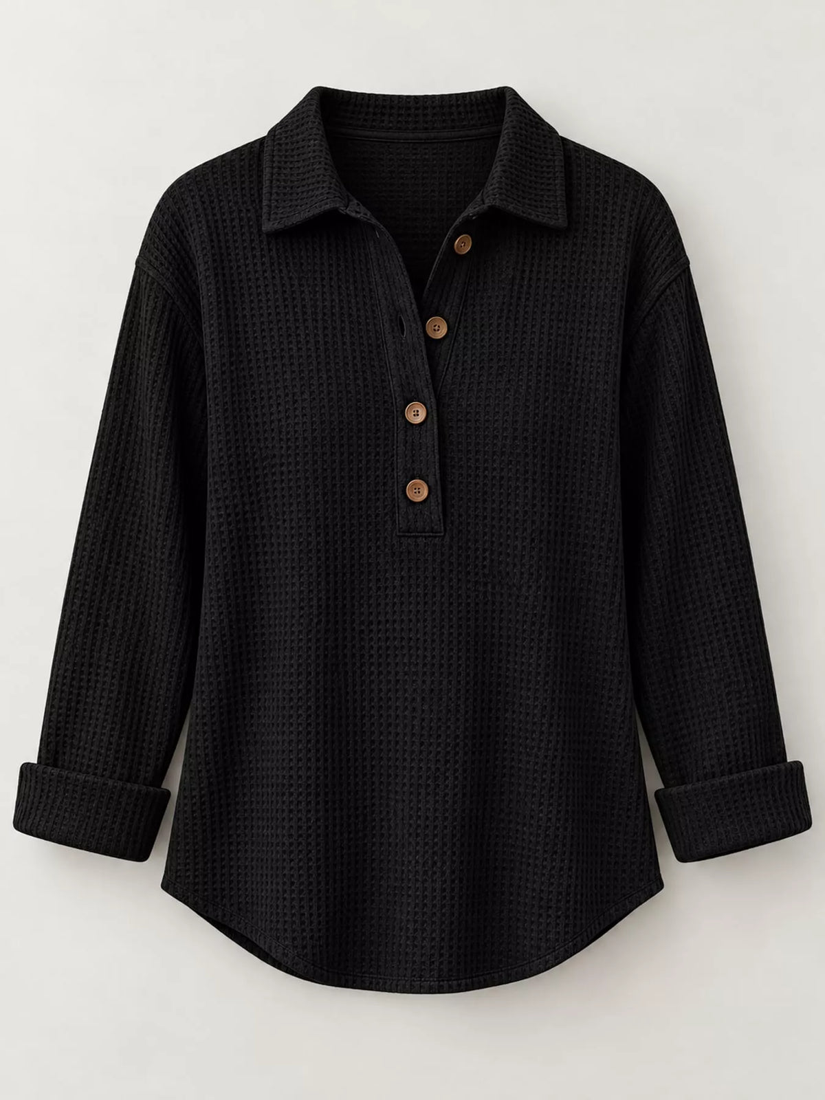 Black waffle knit long sleeve polo top, front view