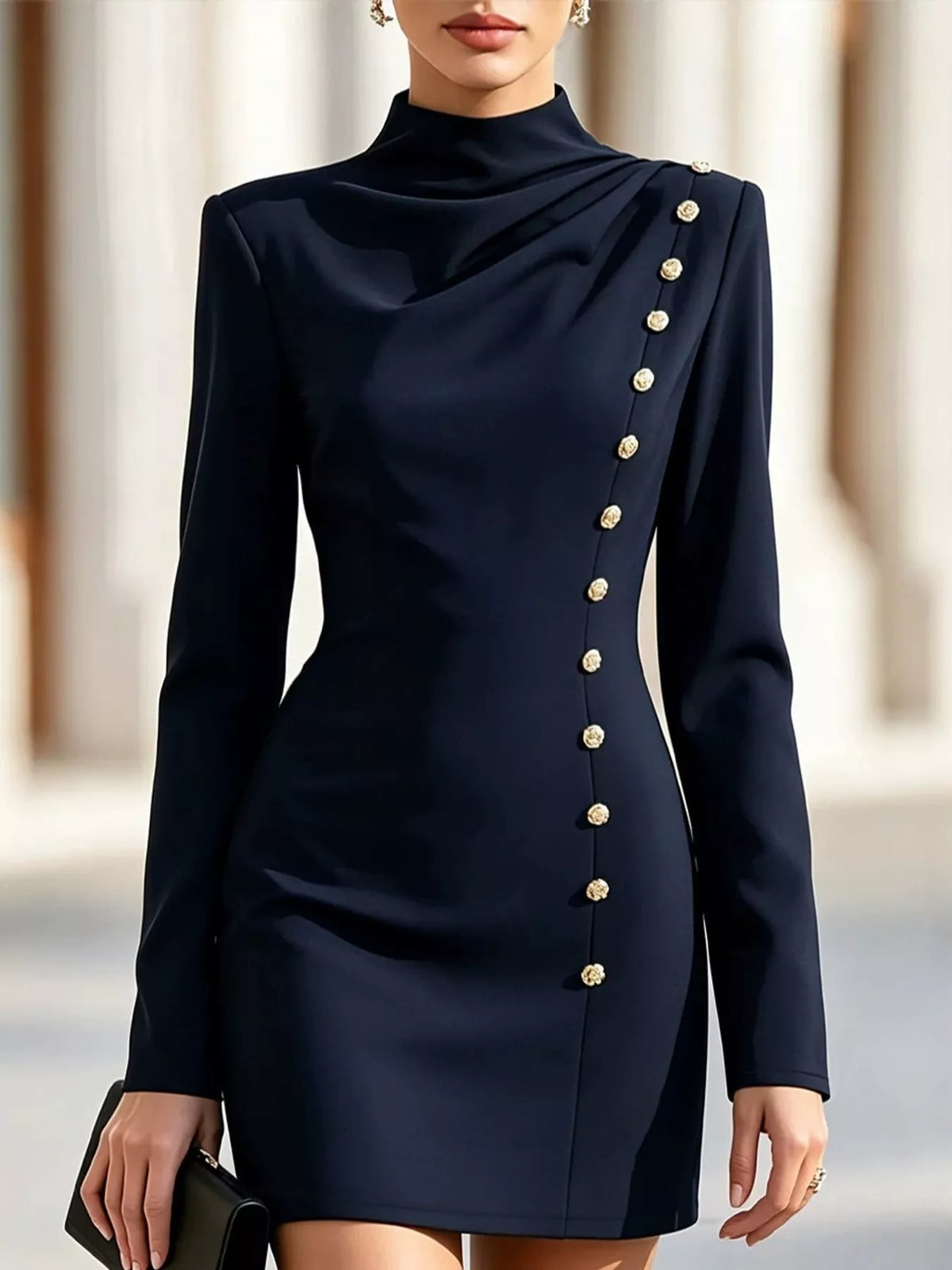 Navy decorative button mock neck mini dress