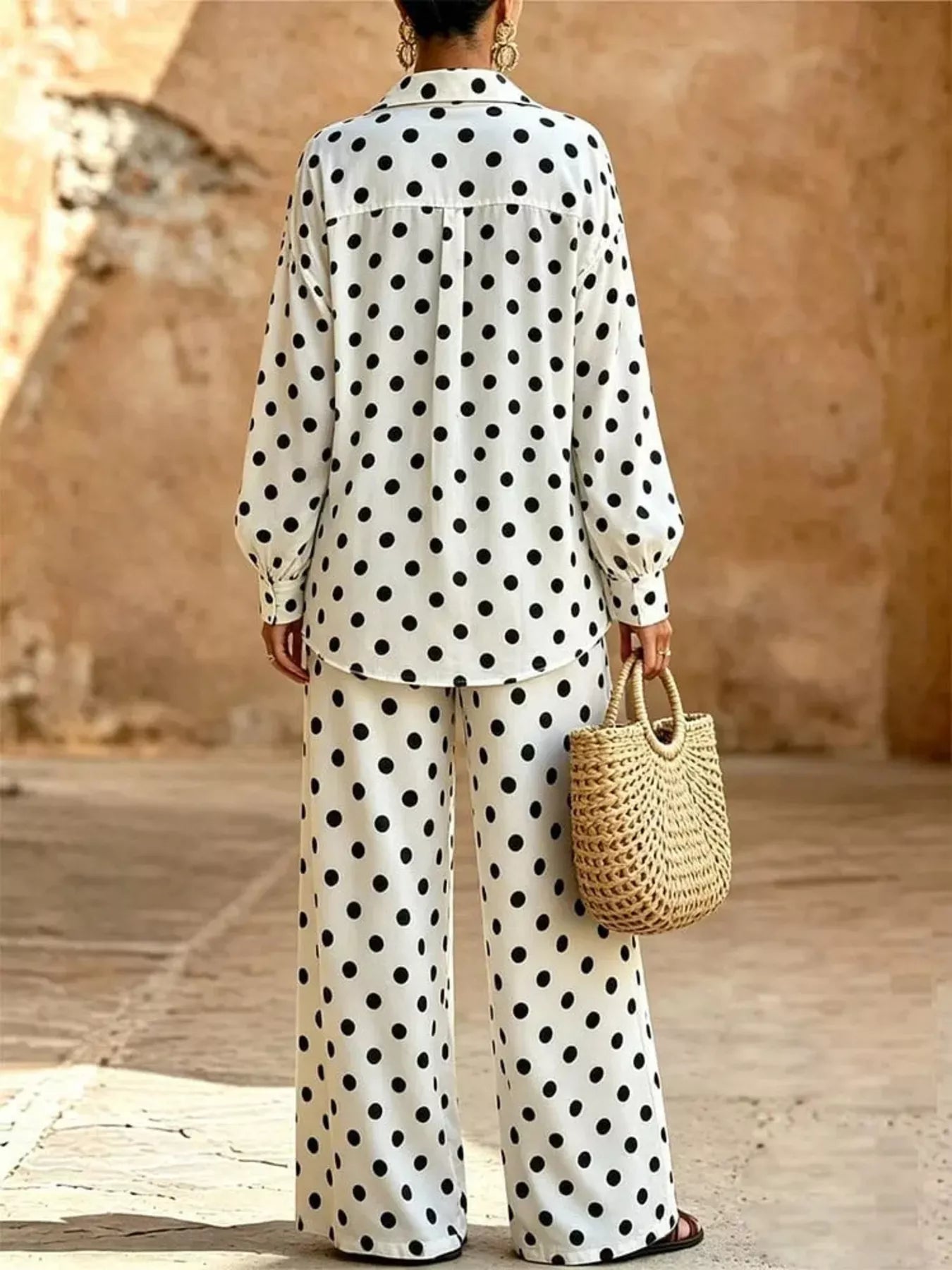 Trendsi Full Size Polka Dot Shirt and Wide-Leg Pants Set Plus Size -