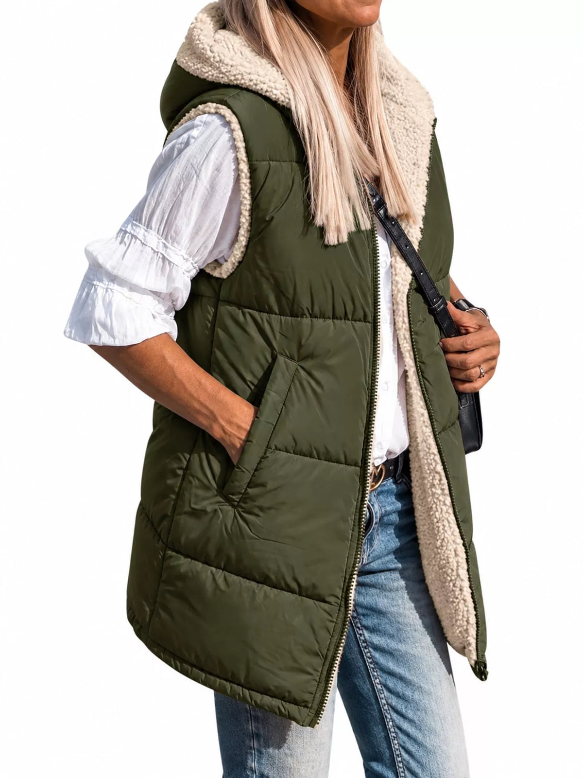 Army green hooded sherpa-lined puffer vest