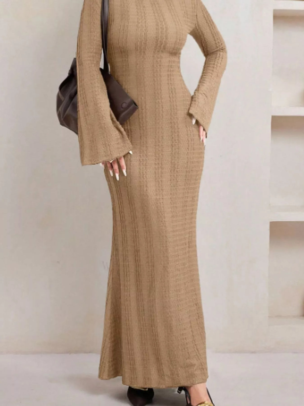 Textured Flare Sleeve Bodycon Maxi Dress, back view in camel
