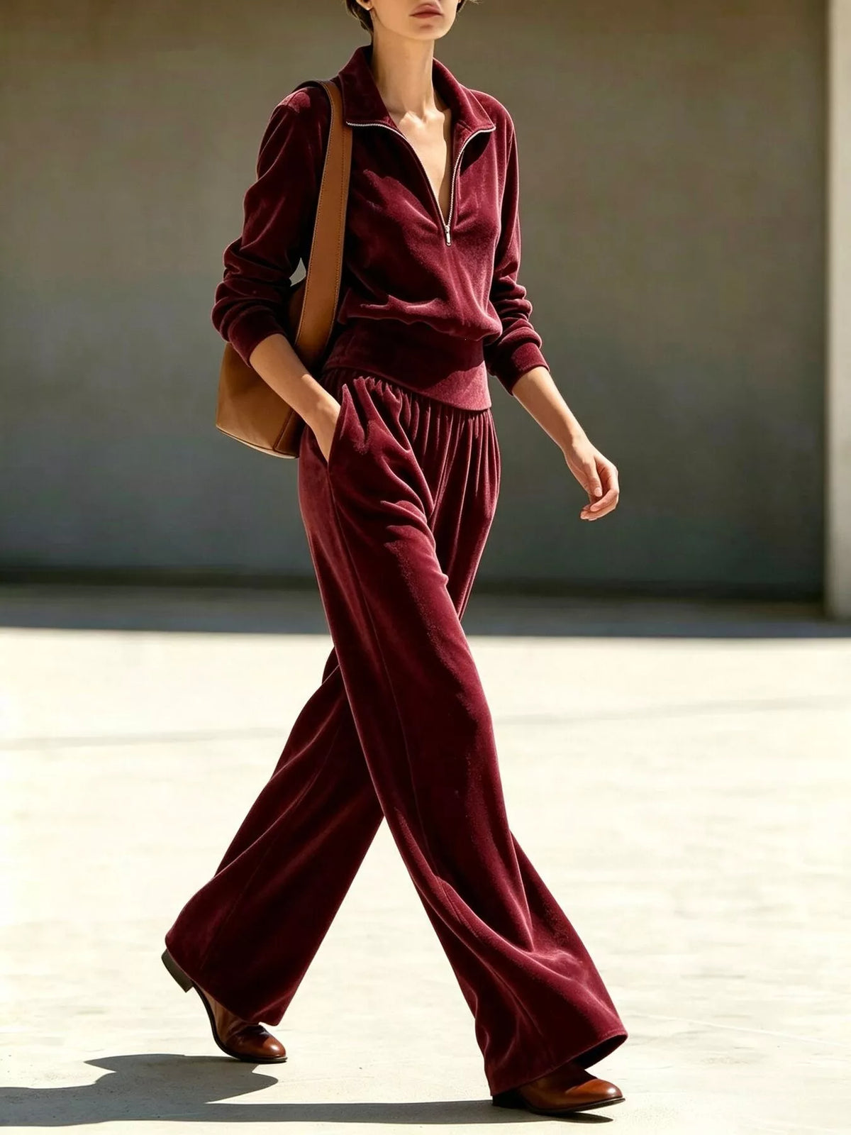 Women's Half Zip Sweatshirt and Wide-Leg Pants Set in burgundy — side view