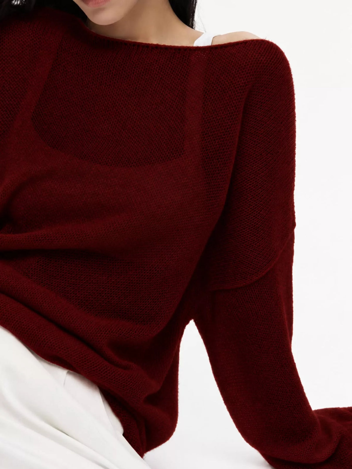 Burgundy sheer openwork knit long sleeve top