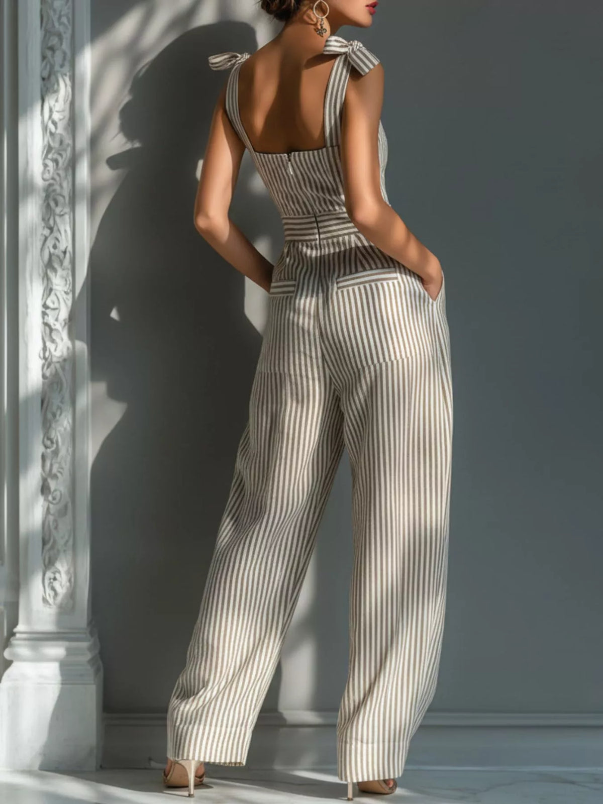 Women's Striped Wide-Leg Jumpsuit with Tie-Shoulder Detail in Khaki, alternate view