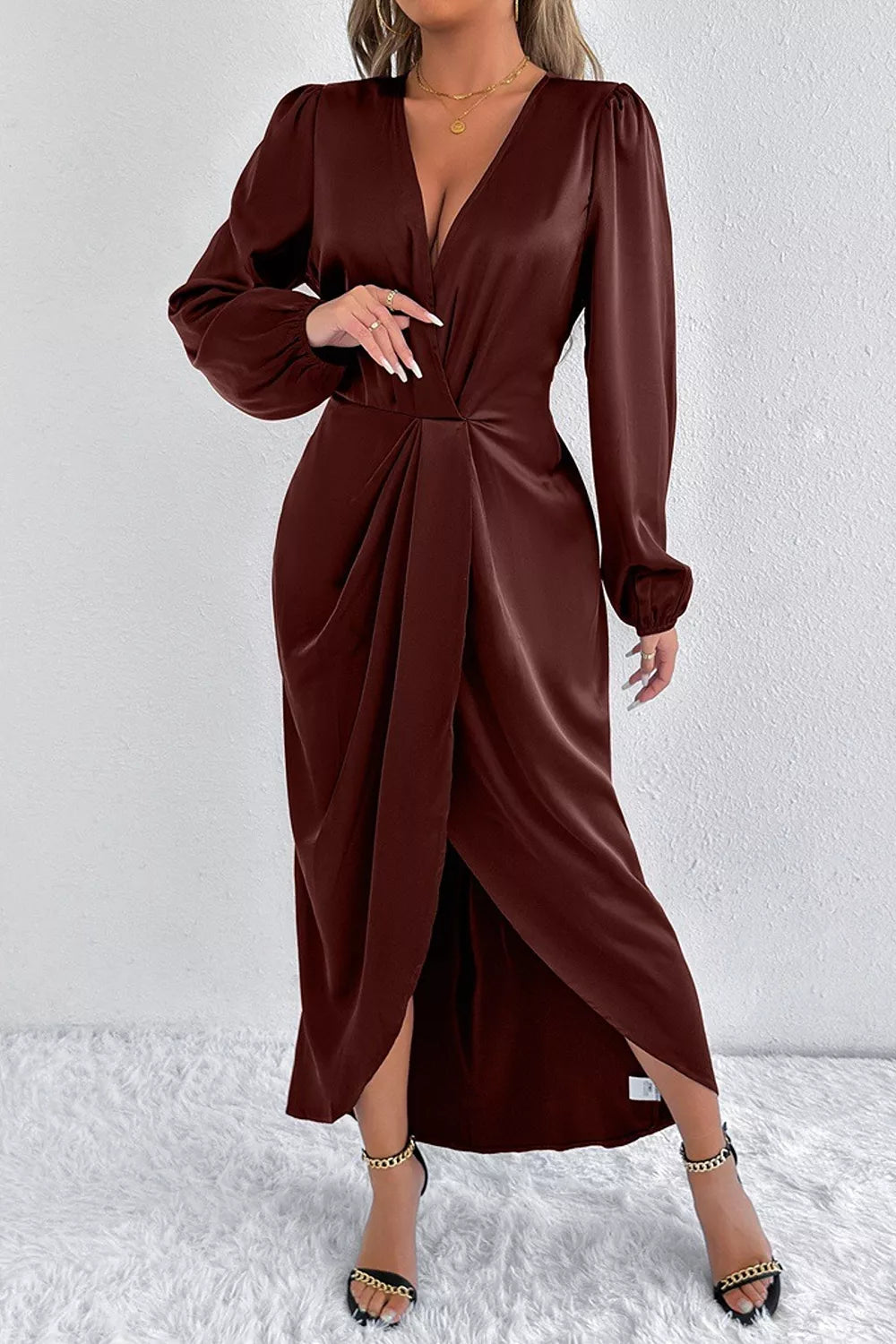 Trendsi Satin Balloon Sleeve Midi Dress -