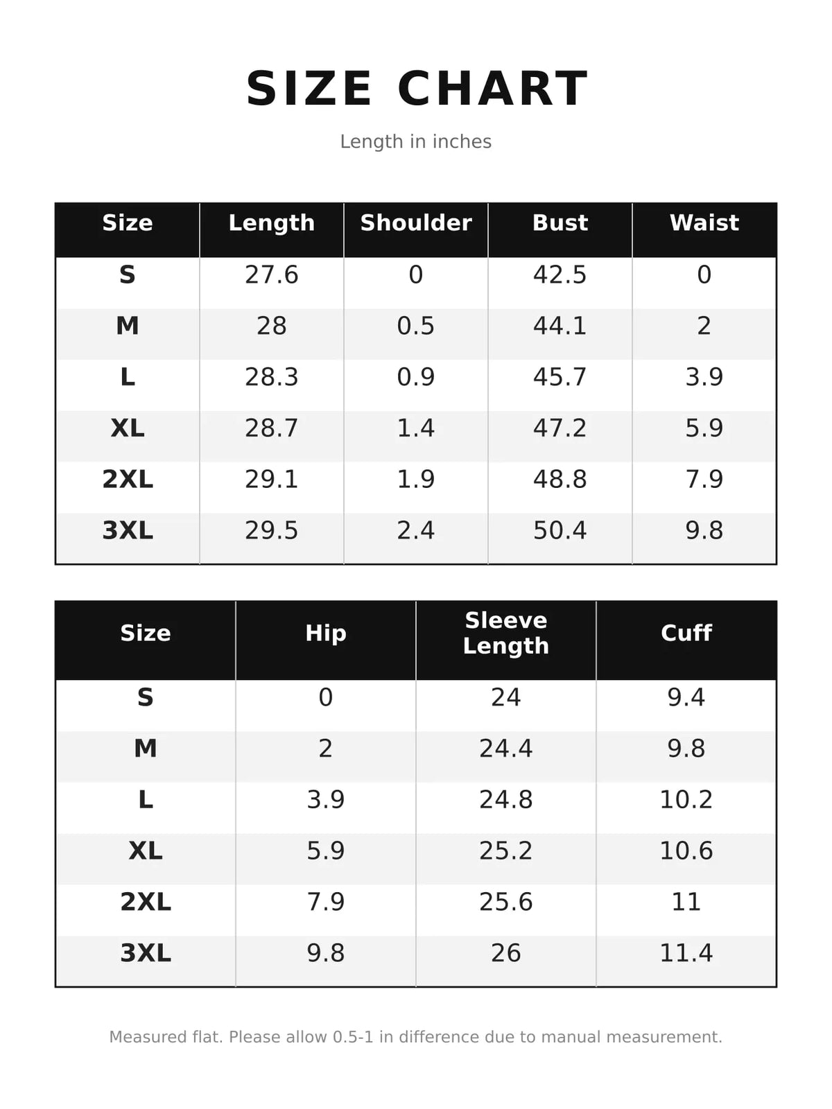 Size chart for sequin button up long sleeve shirt