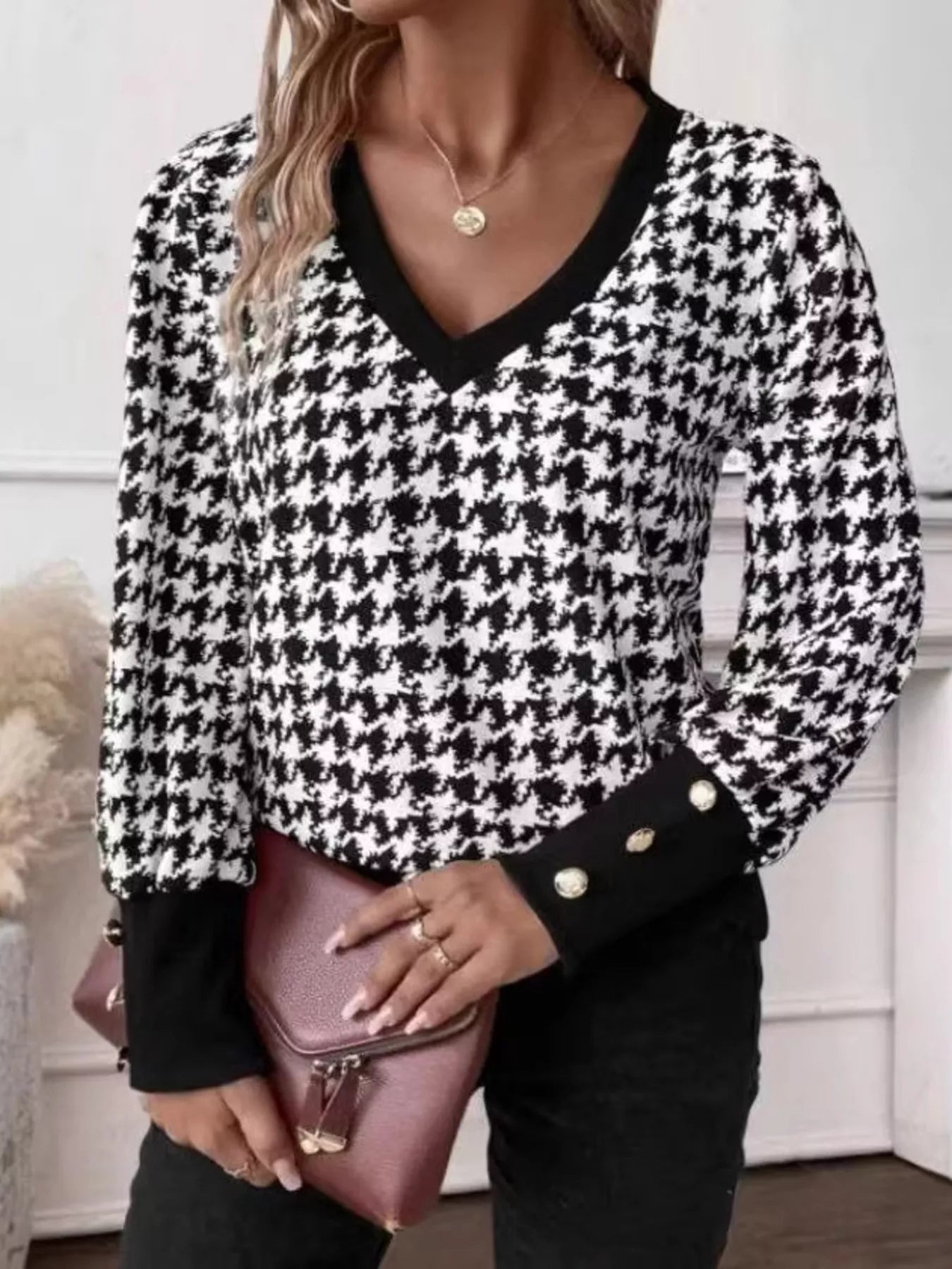 Trendsi Printed V-Neck Long Sleeve T-Shirt with Button Cuffs -