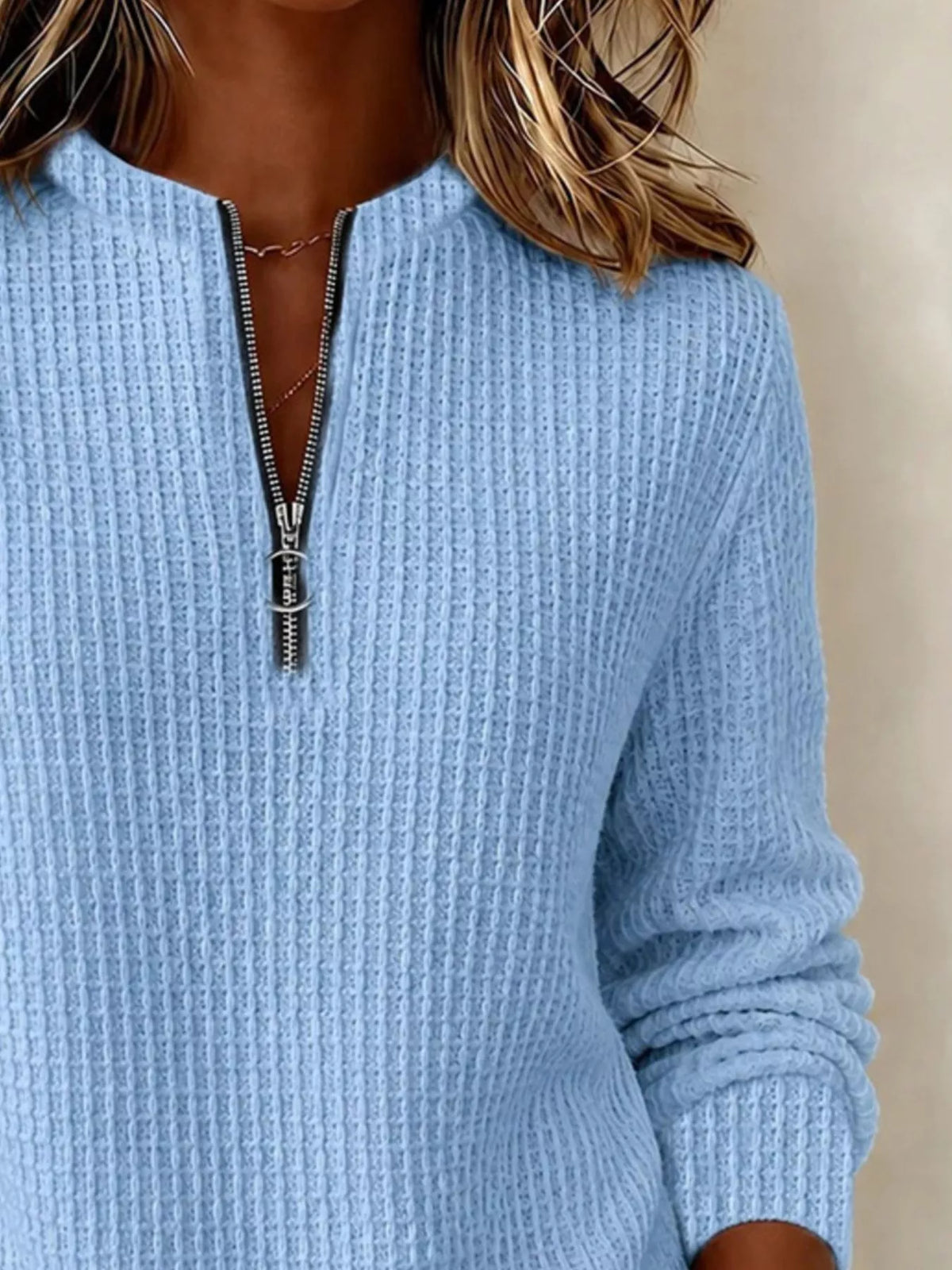 Women's Quarter-Zip Waffle Knit Sweatshirt in light blue — zipper detail view