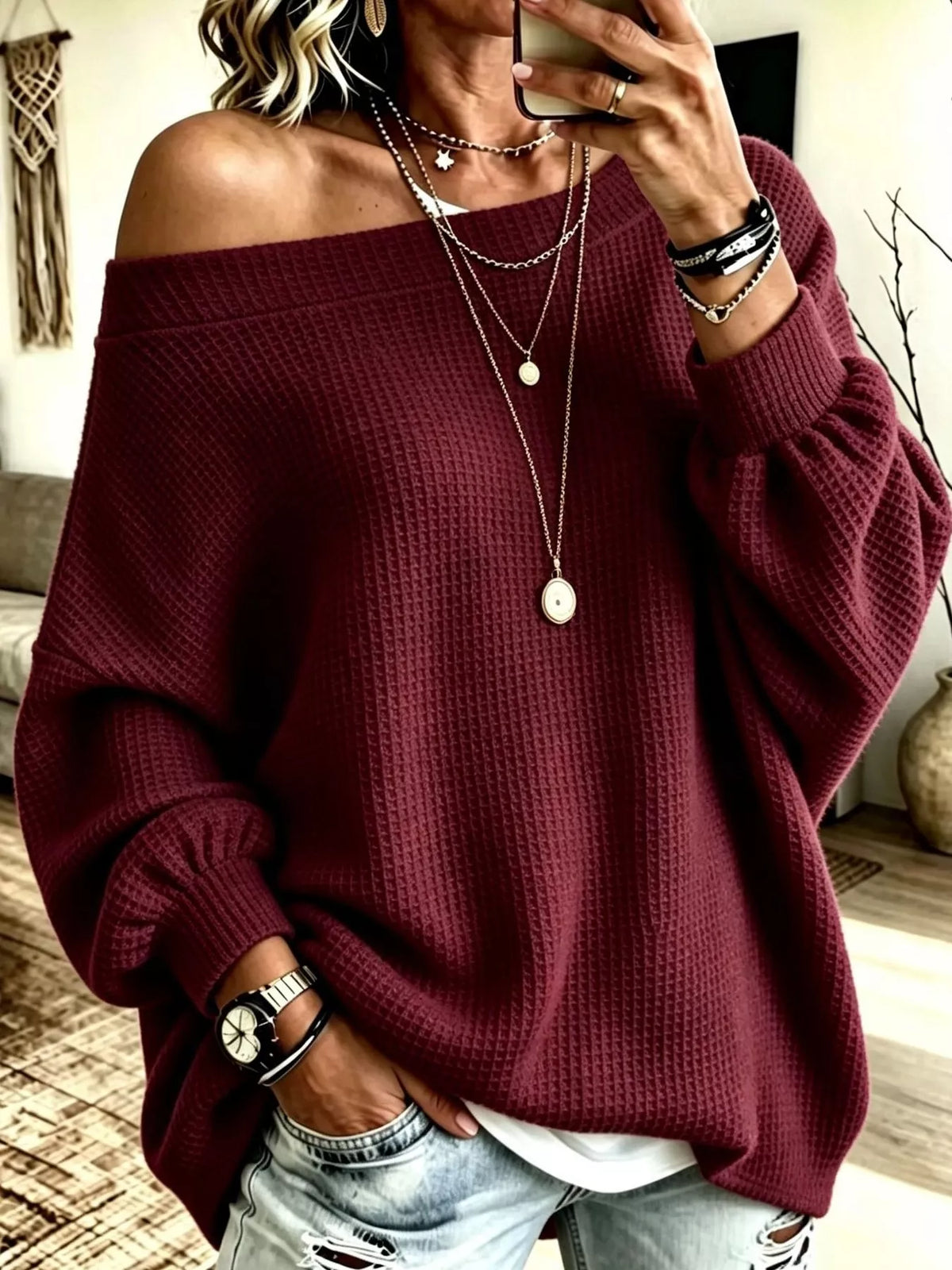 Women's Waffle Knit Boat Neck Sweatshirt in burgundy — front view