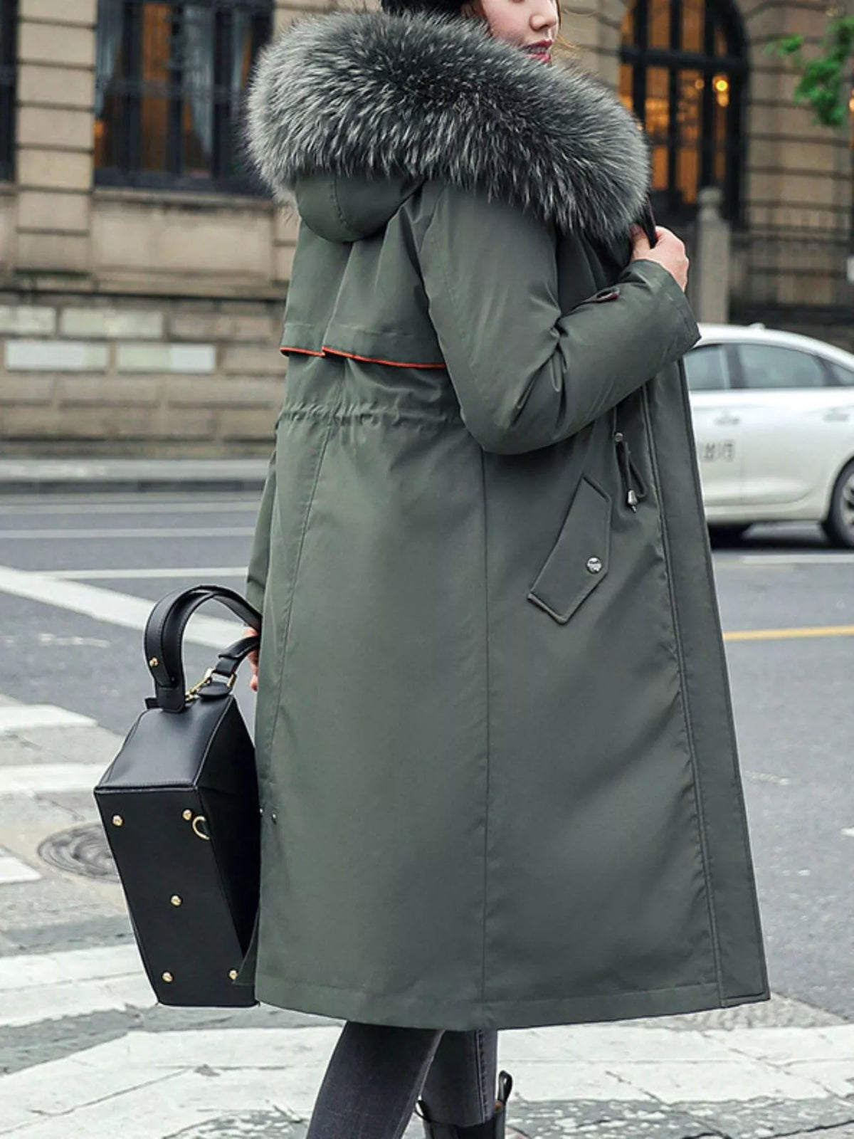Faux-fur-trim parka, green side back