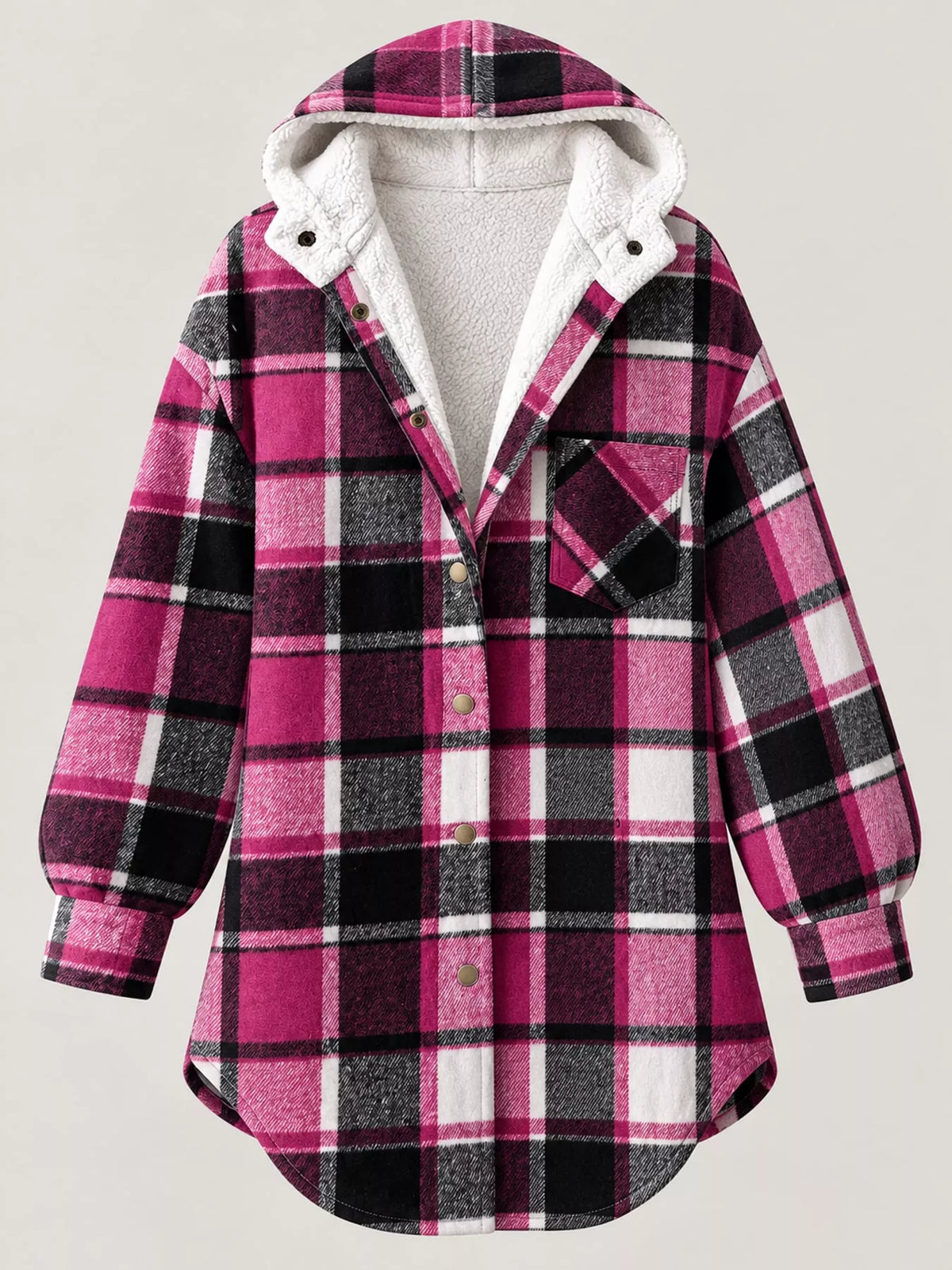 Pink plaid hooded button up jacket