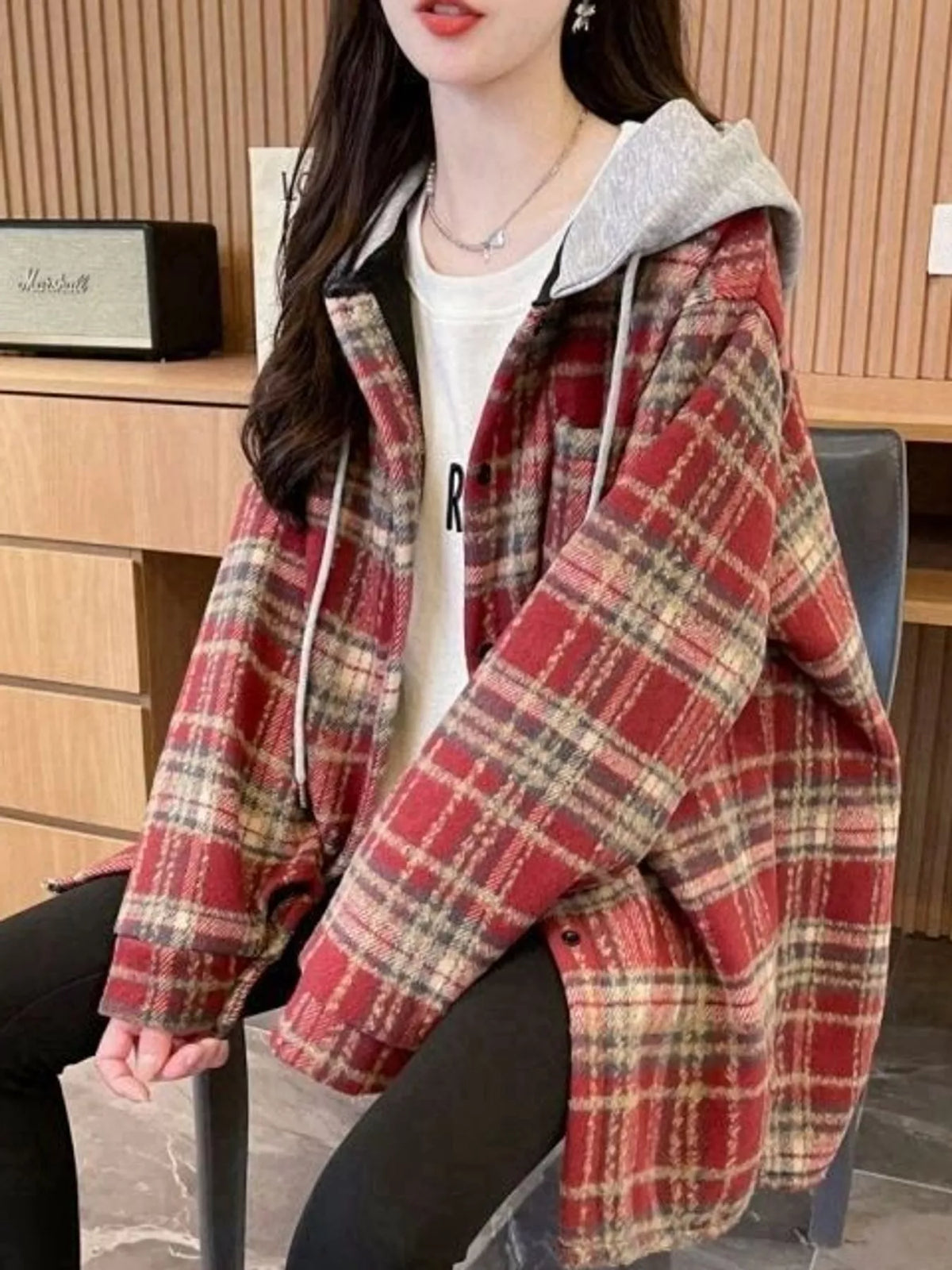 Red plaid button-up hooded shacket
