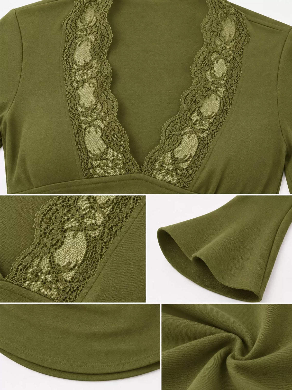 Avocado Green lace trim v-neck long sleeve slim fit t-shirt