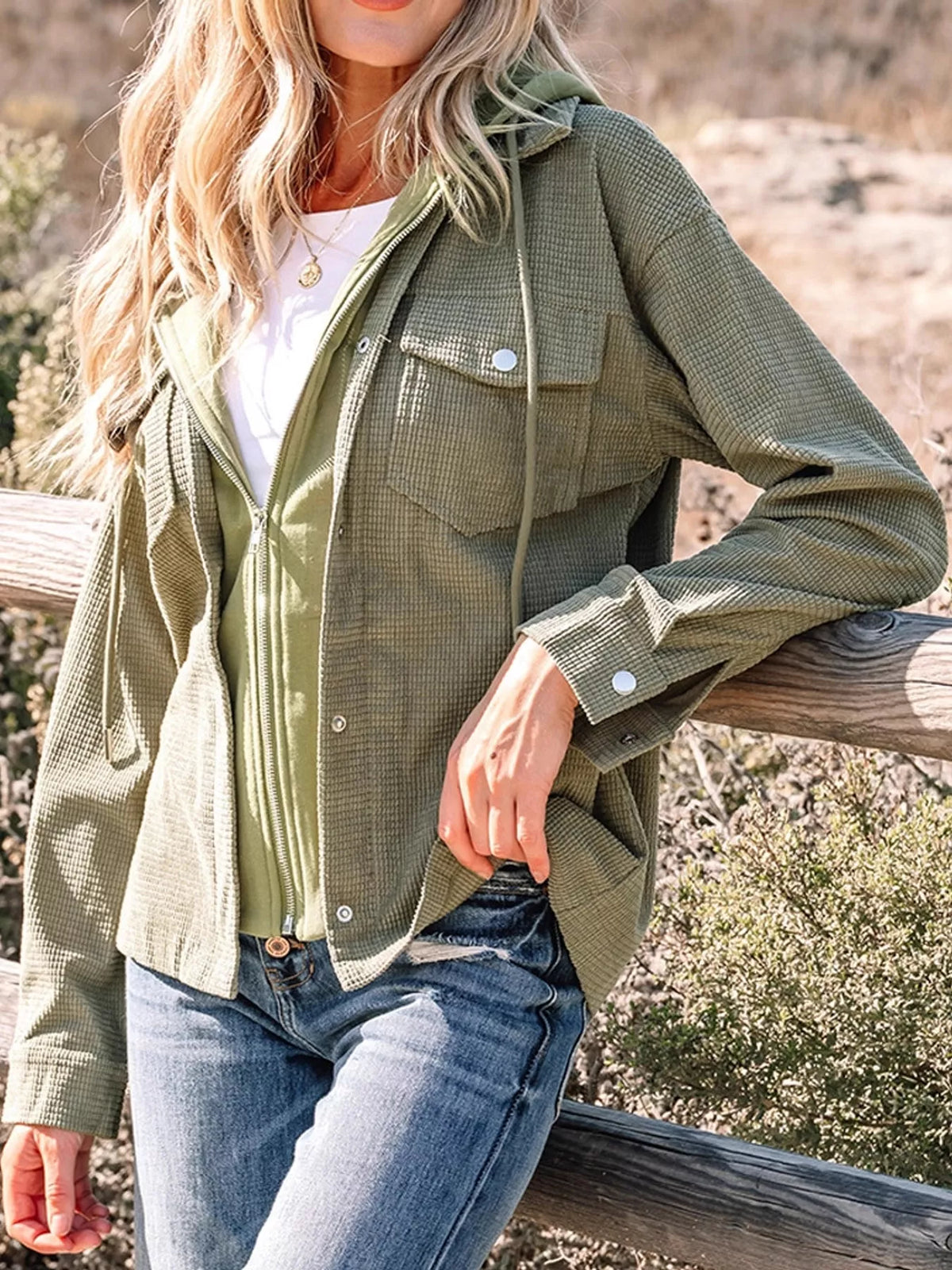 Olive textured long sleeve hooded jacket — front view