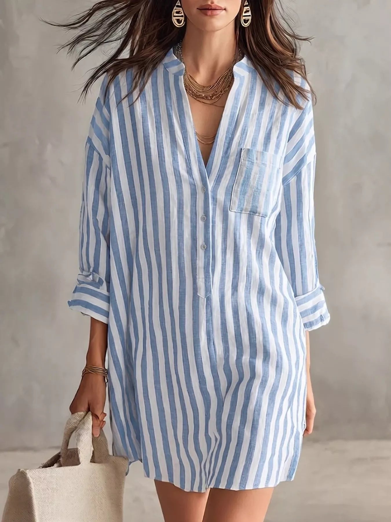 Trendsi Full Size Striped Linen Shirt Mini Dress Plus Size -