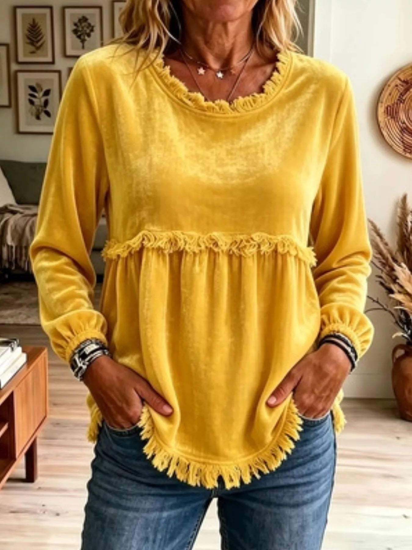 Trendsi Fringed Hem Long Sleeve T-Shirt -
