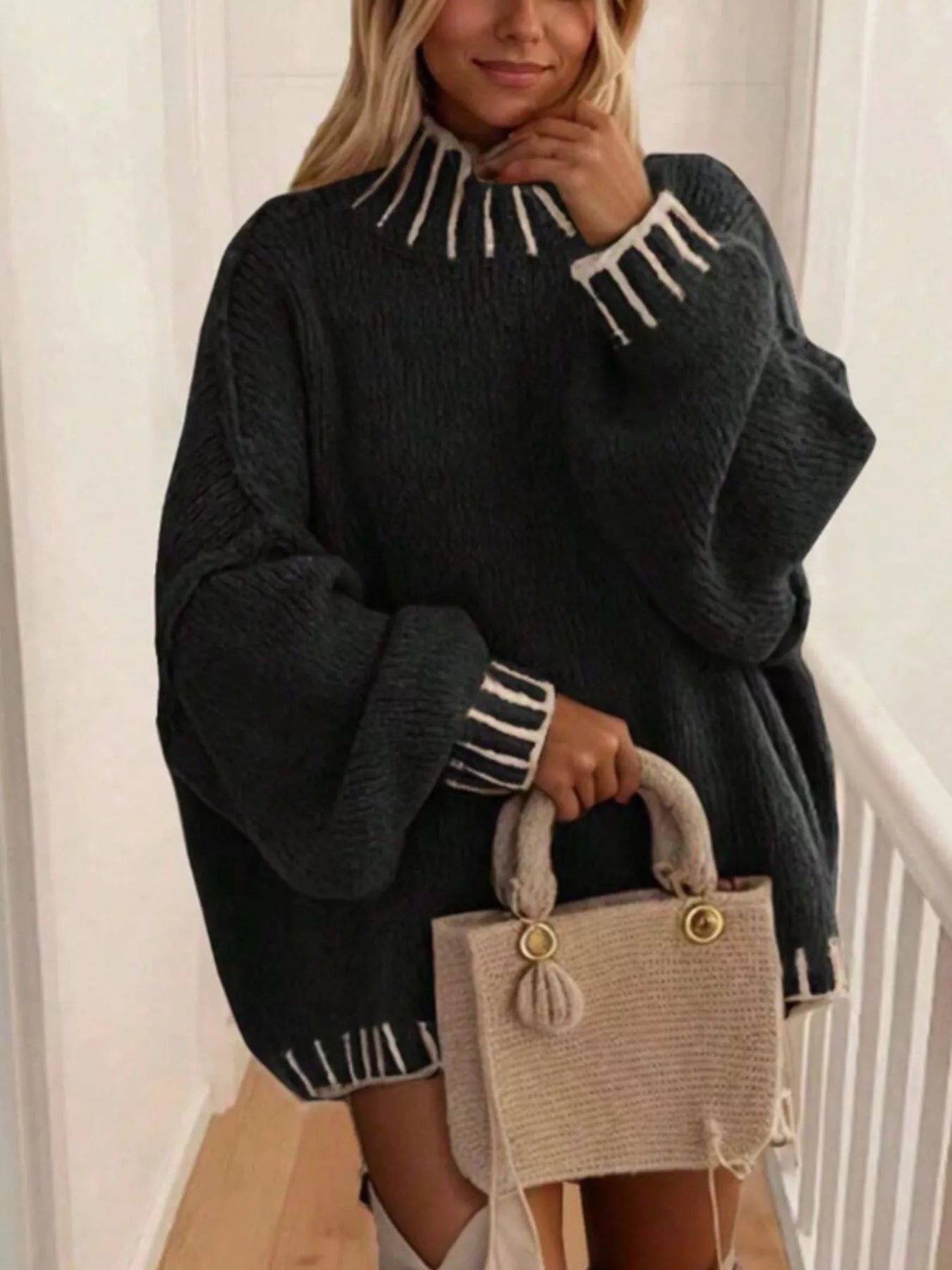Trendsi Contrast Trim Chunky Knit Sweater -