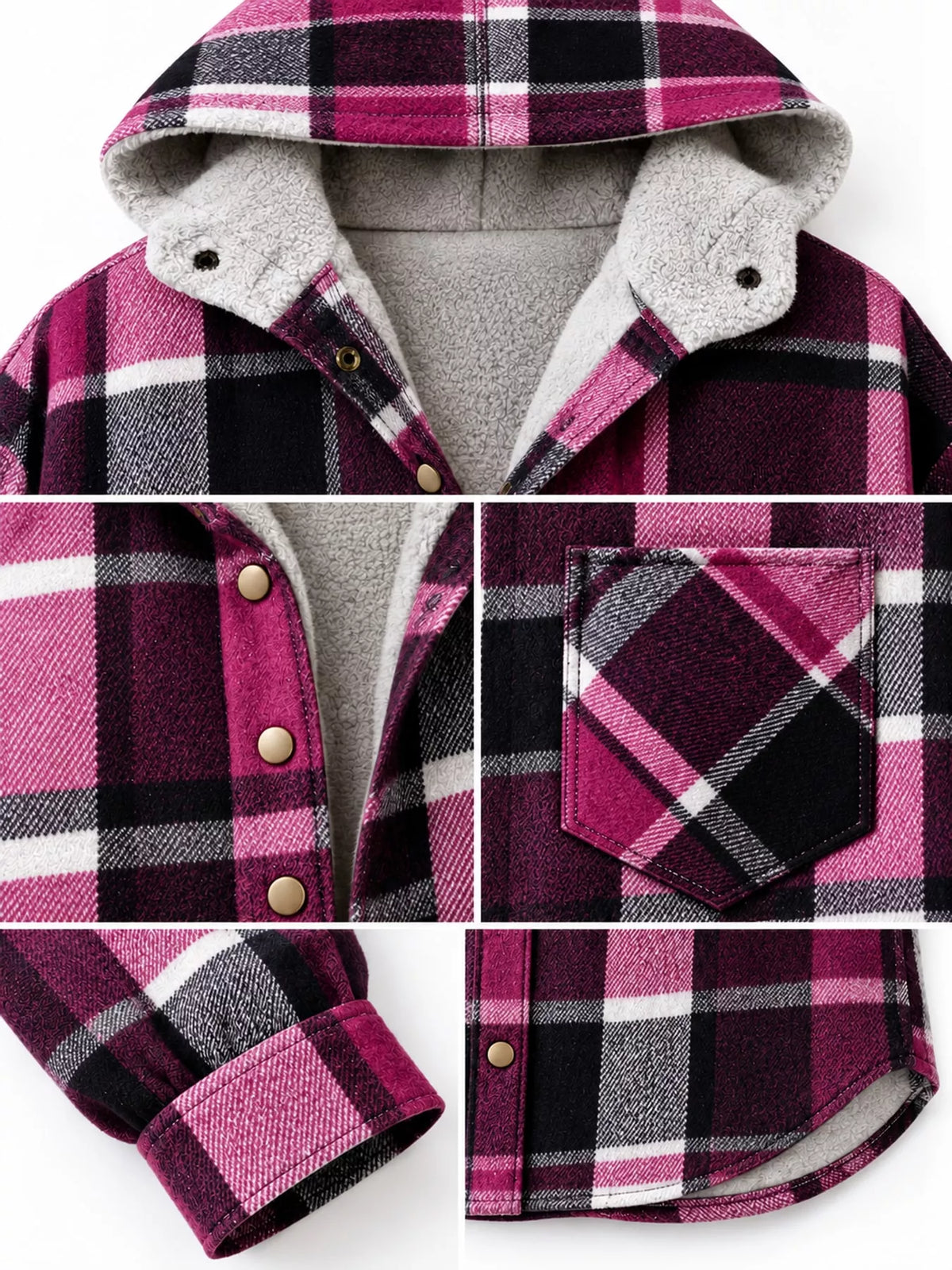 Pink plaid hooded button up jacket