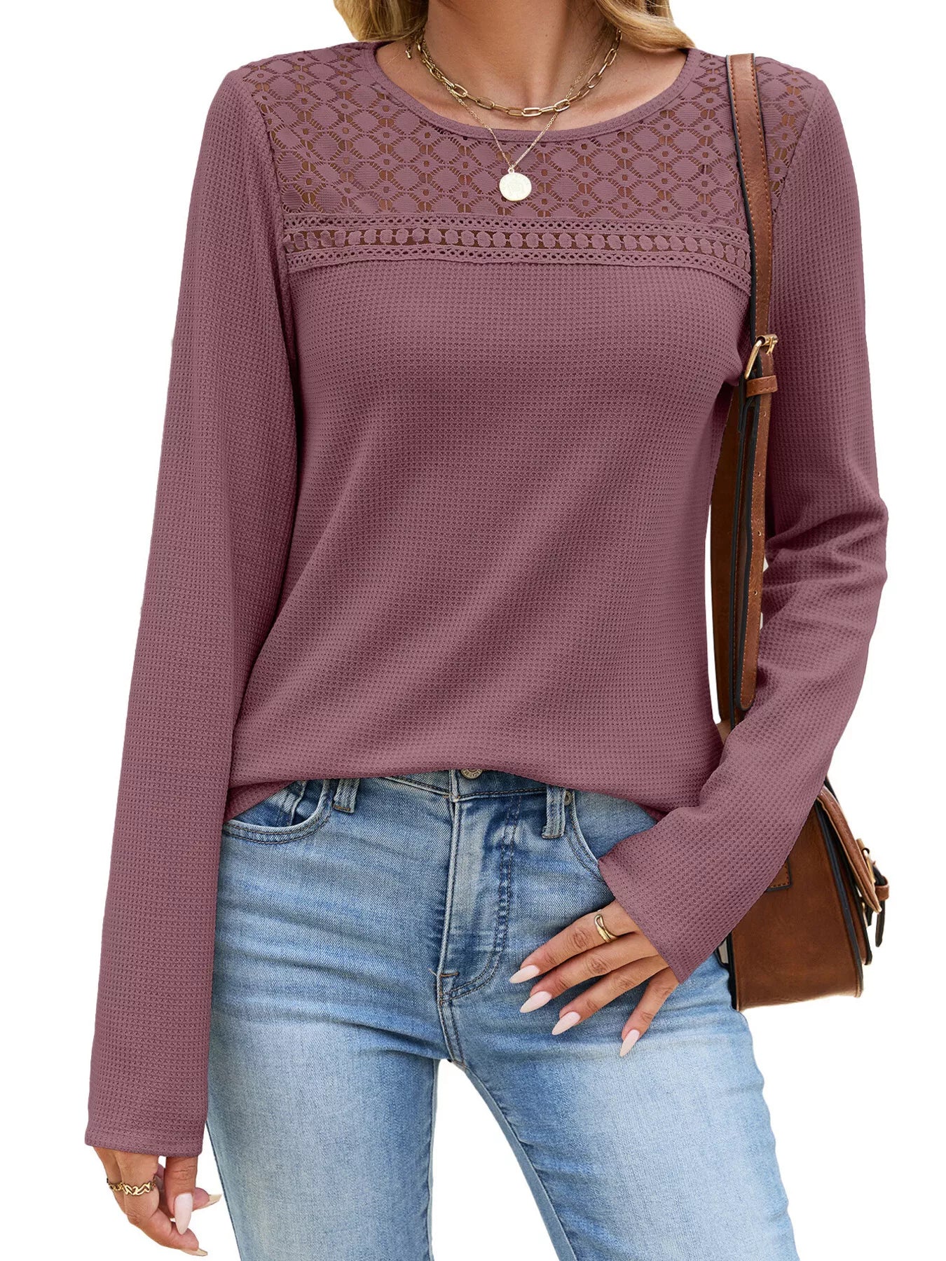 Trendsi Lace Panel Waffle Knit Long Sleeve T-Shirt -