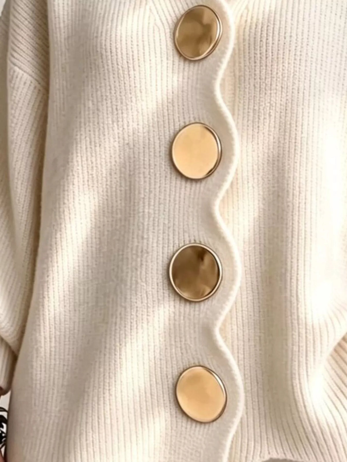 Beige scalloped-edge knit cardigan, button detail