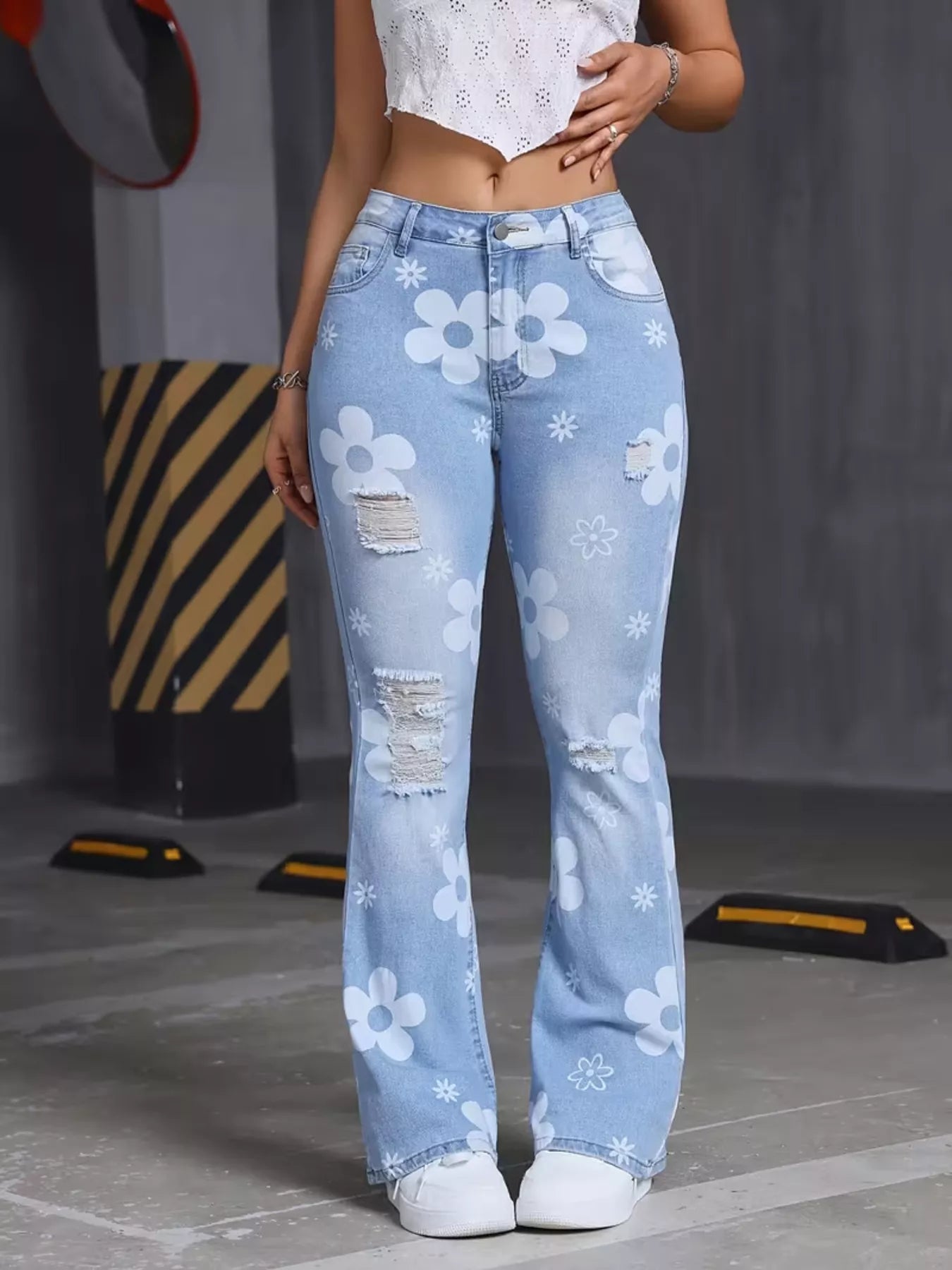 Trendsi High-Waisted Floral Print Distressed Flare Jeans -