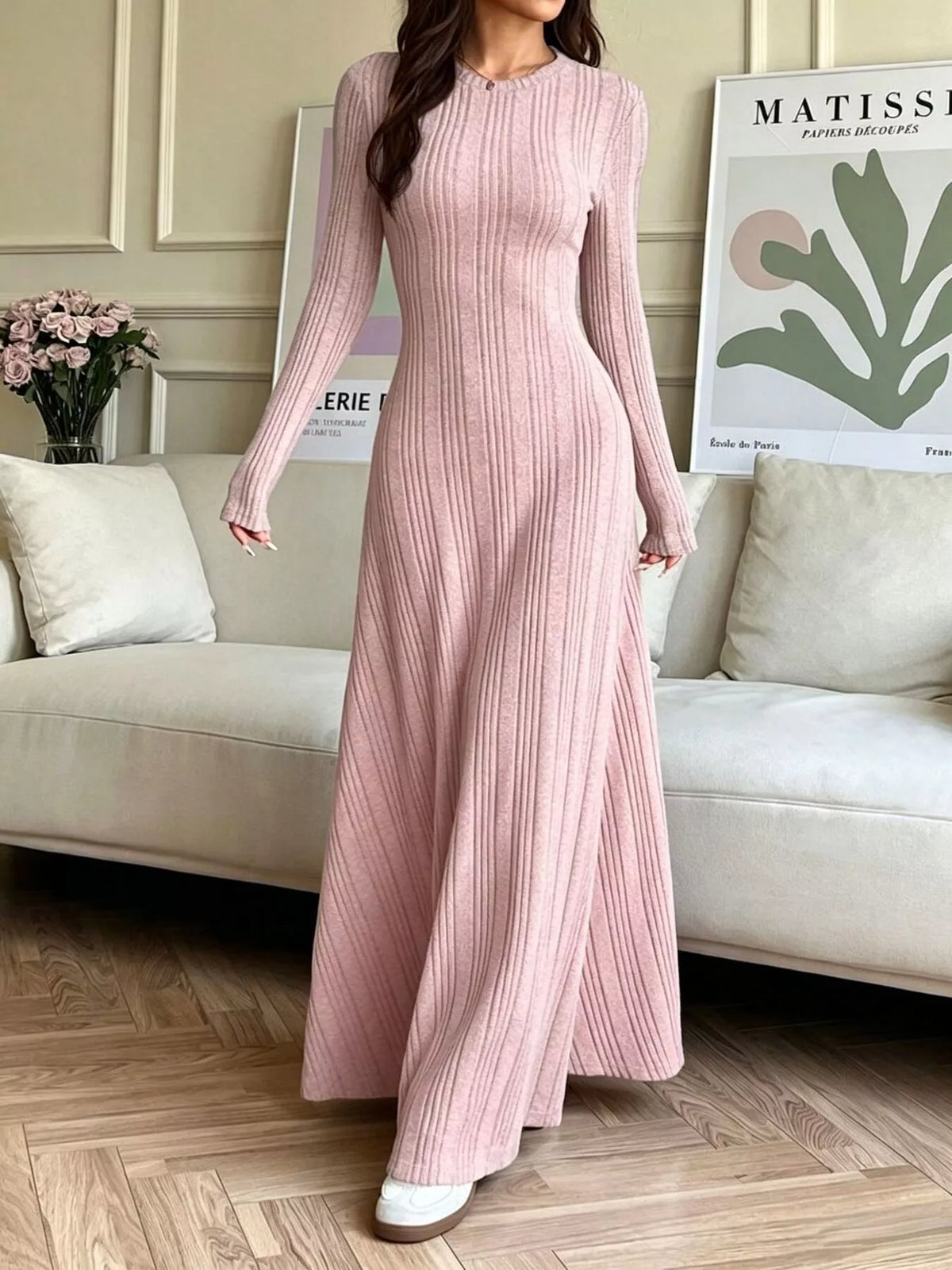 Pink ribbed long-sleeve dress, front view