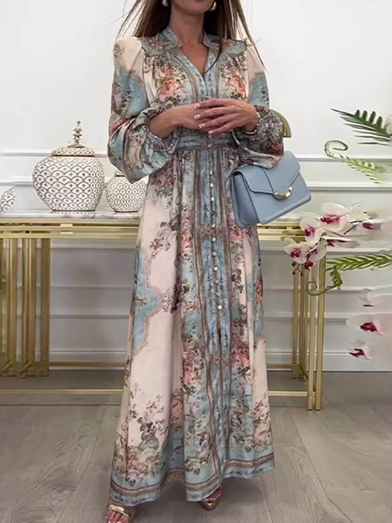 Trendsi Full Size Floral Print Maxi Dress with Puff Sleeves Plus Size -