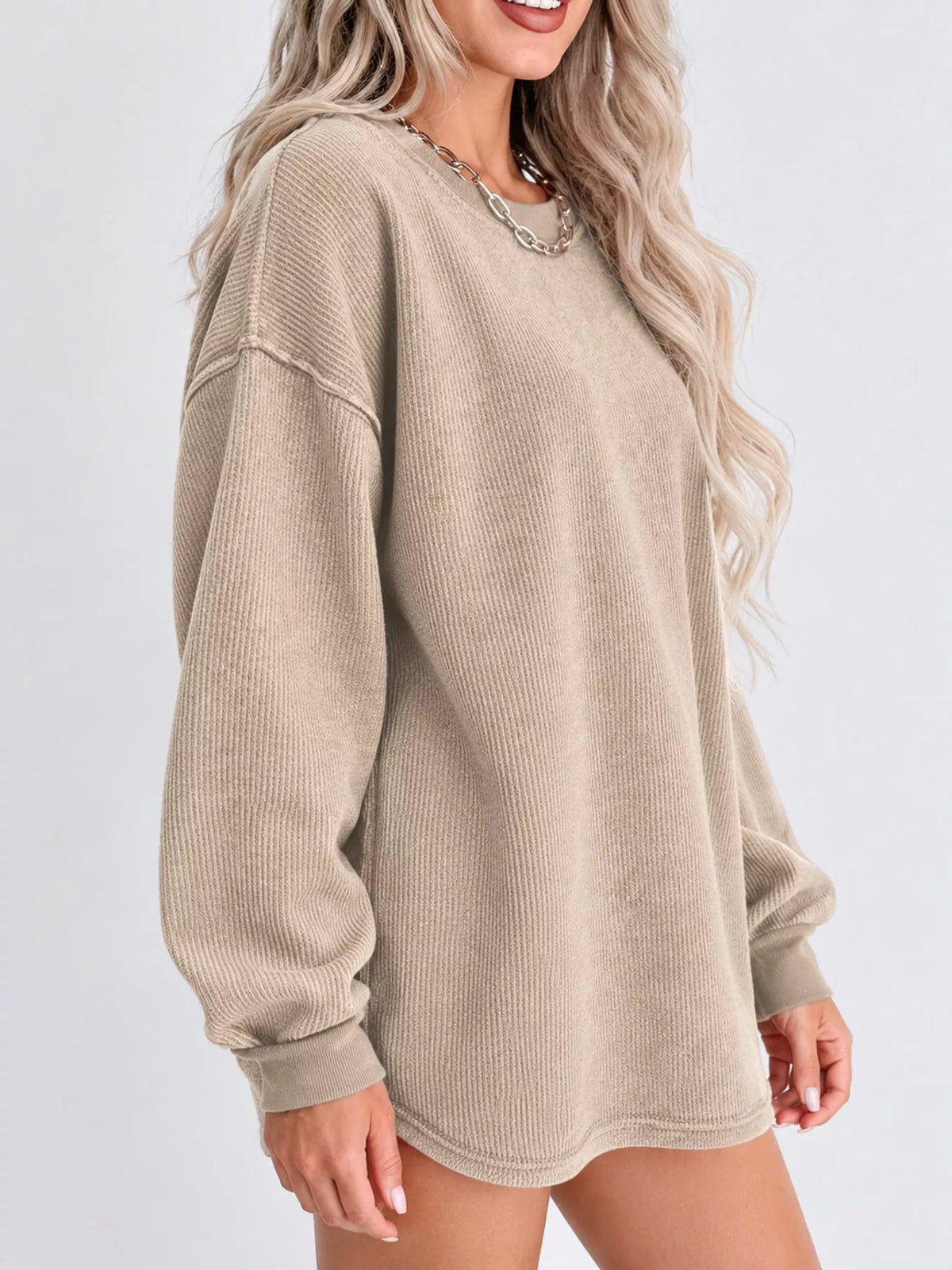 Longline Crew Neck Sweatshirt in beige, side view