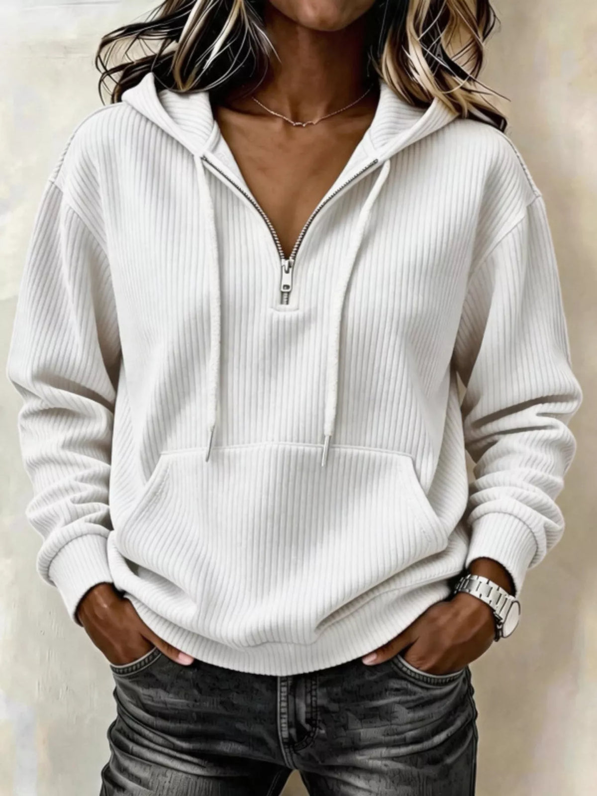Ribbed Knit Quarter-Zip Hoodie, front view
