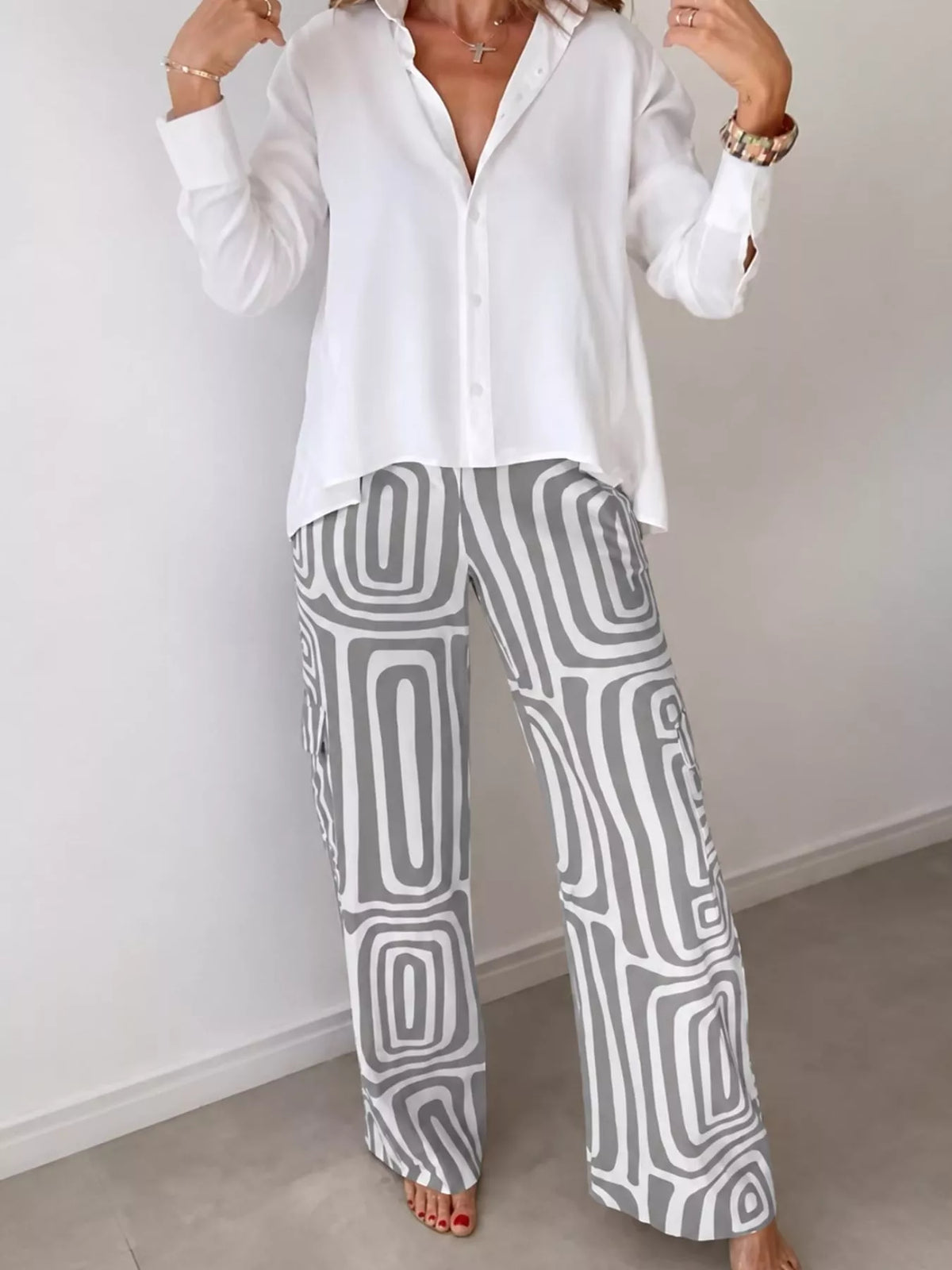 Shirt and geometric pants set, gray geometric pants set front