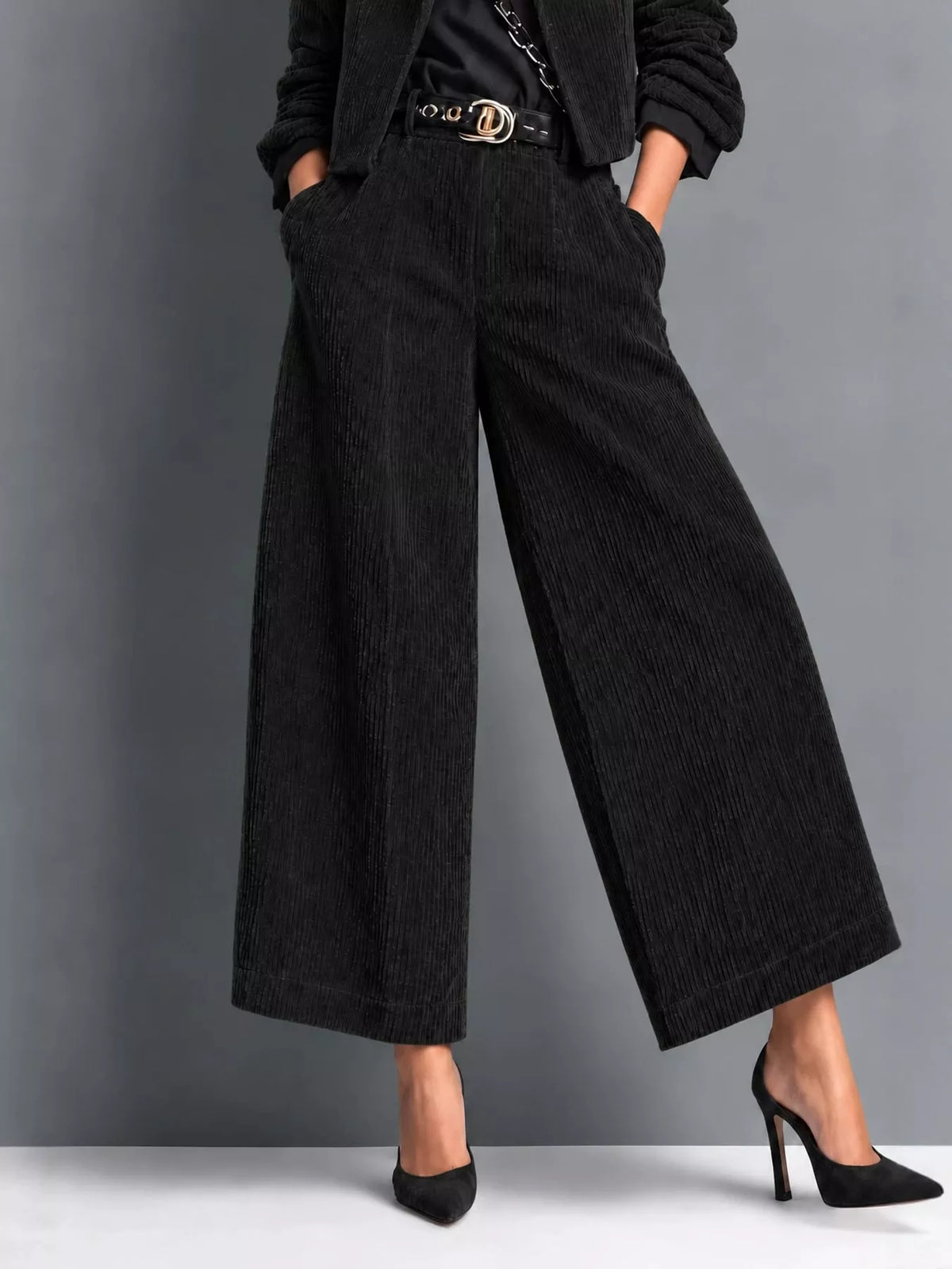 Corduroy Button Up Blazer and Pants Set in black
