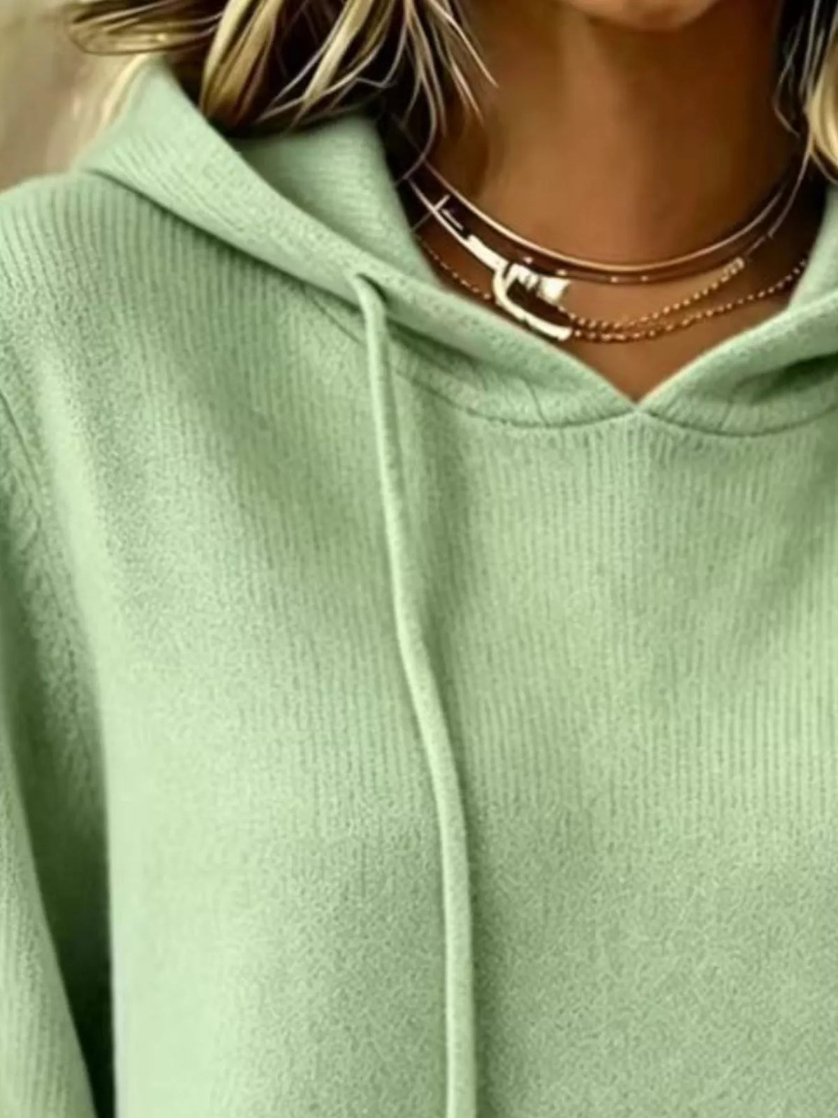 Women's Drawstring Kangaroo Pocket Hooded Sweater in sage — neckline detail view