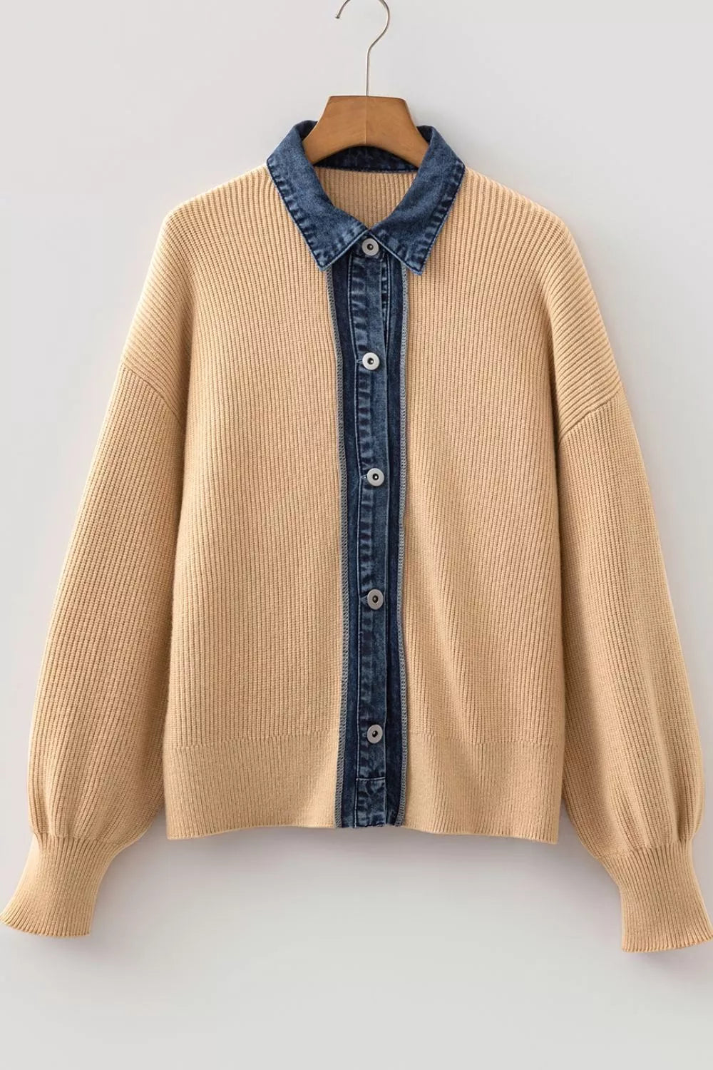 Trendsi Drop Shoulder Placket Paneling Shirt Collar Long Sleeve Cardigan -