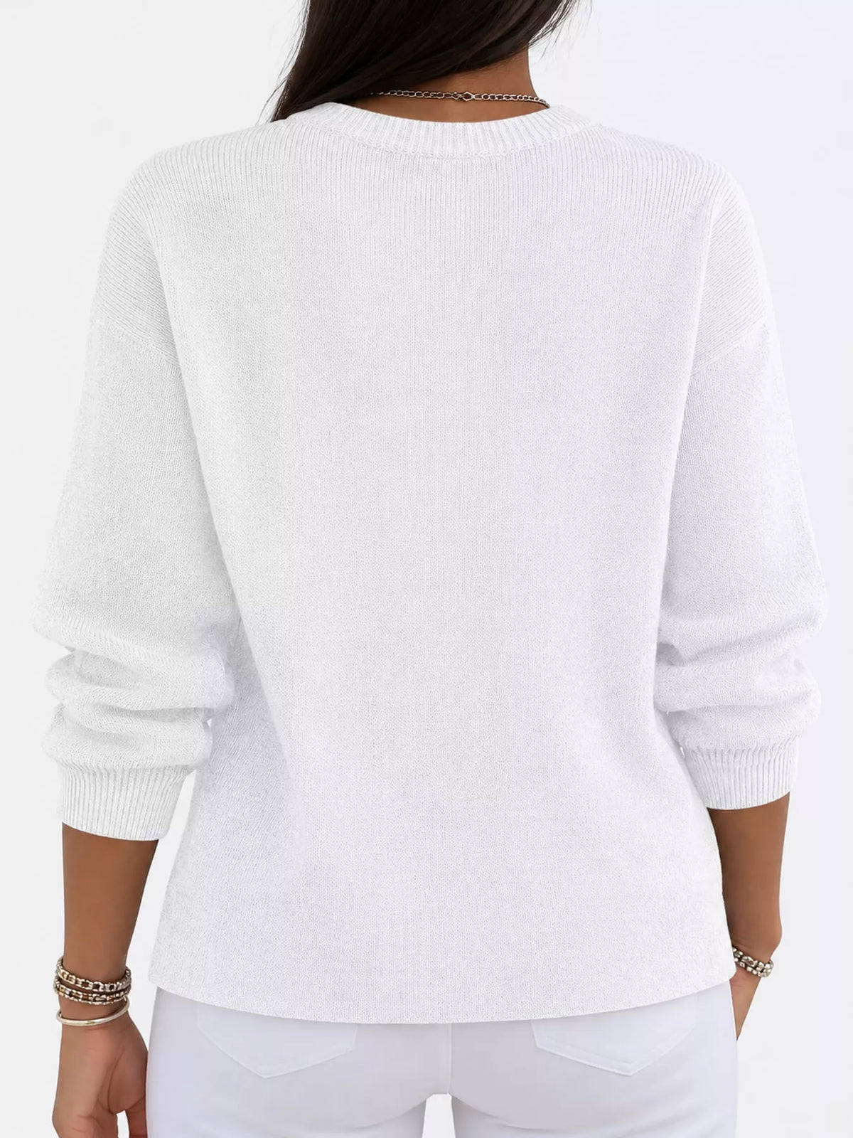 White crew neck sweater, back view