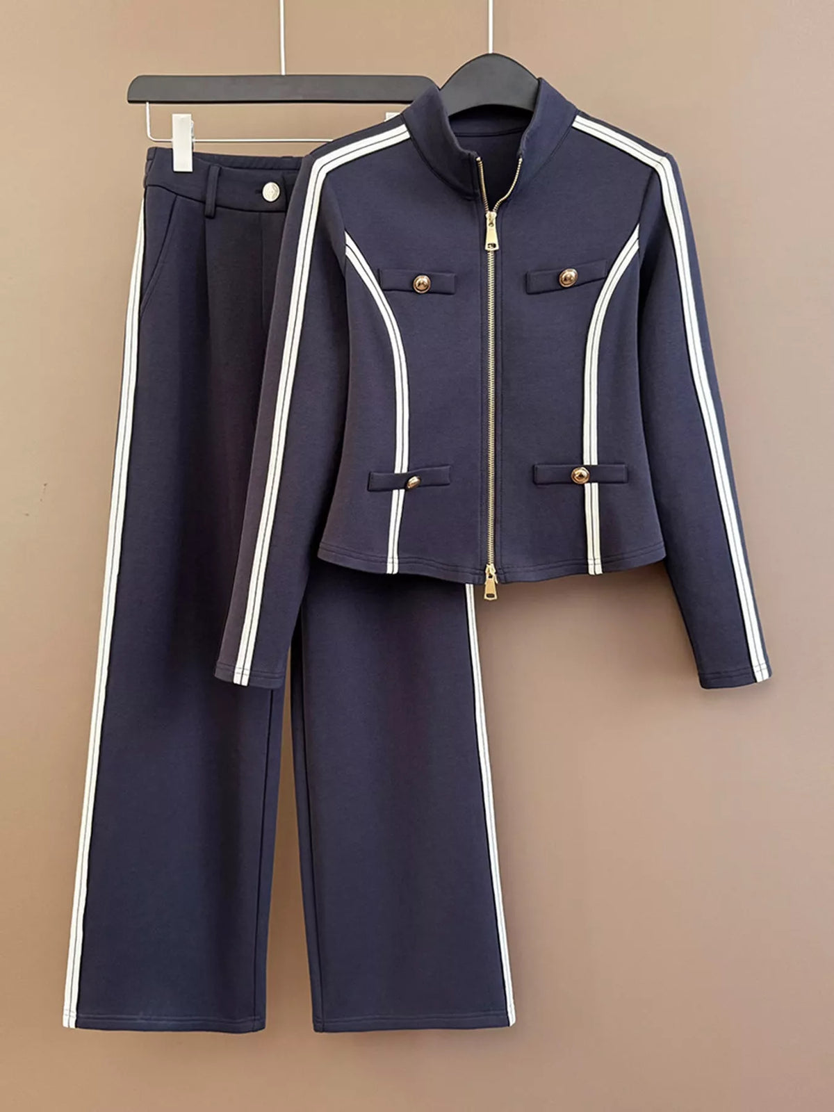 Zip-Up Jacket and Wide-Leg Pants Set in navy