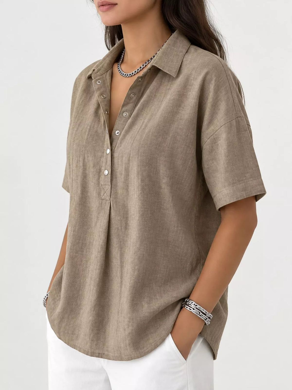 Snap Down Shirt in khaki, side view